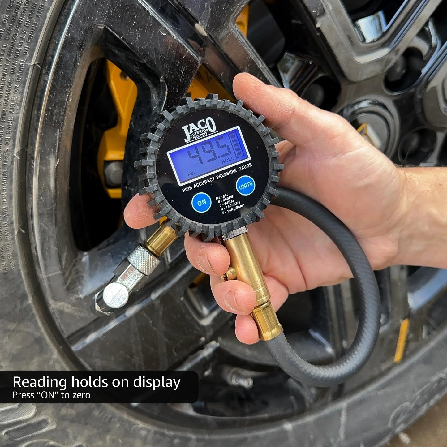 Close-up of the ElitePro Digital Tire Pressure Gauge delivering pro accuracy with ANSI 2A calibration, measuring tire pressure.