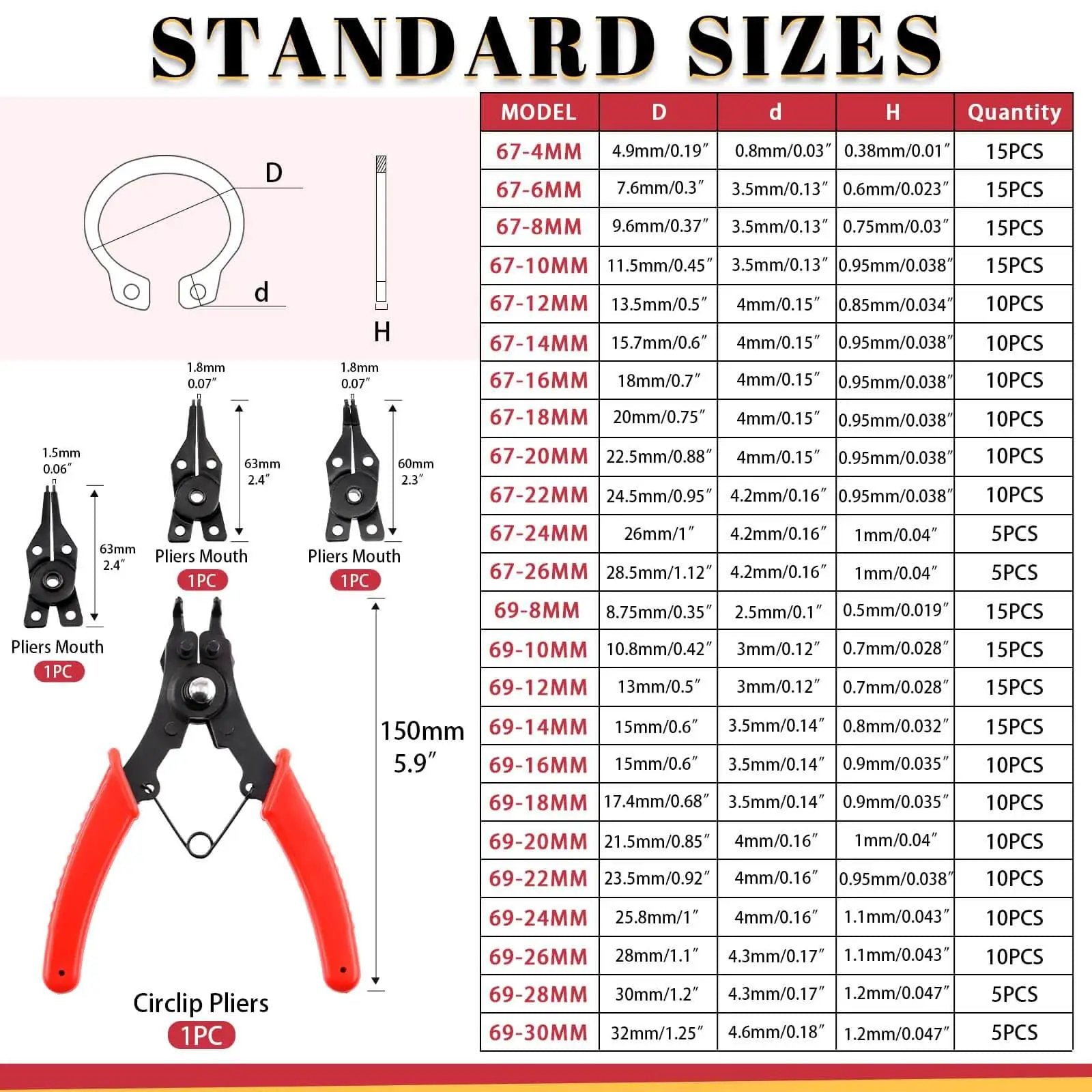 Pro Grade Alloy Steel External And Internal Retaining Ring Set 261 Pcs With 16 Sizes 4mm To 30mm Includes 4 In 1 Snap Ring Pliers And Wrist Pin Clips For DIY Repair Projects size chart and pliers
