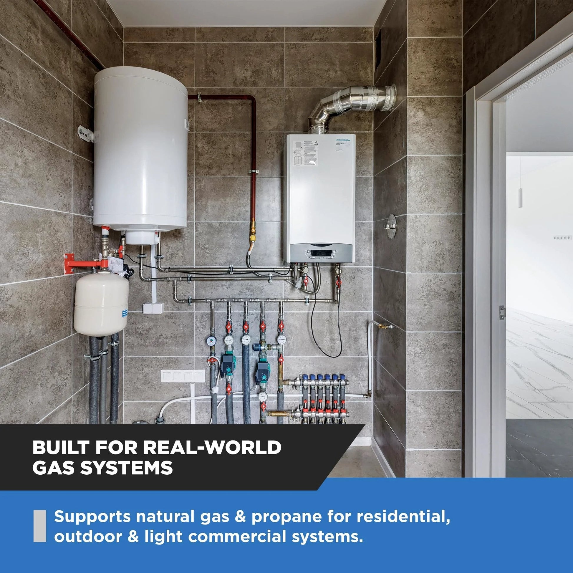 Natural Gas And Propane Regulator With Internal Relief Valve For Low Pressure One Half Inch NPT 10 PSI Max High Flow 1558 CFM Natural Gas And 2430 CFM Propane Spring Loaded Rugged Build For Tough Jobs In Home Outdoor And Commercial Use installed in a home gas system.