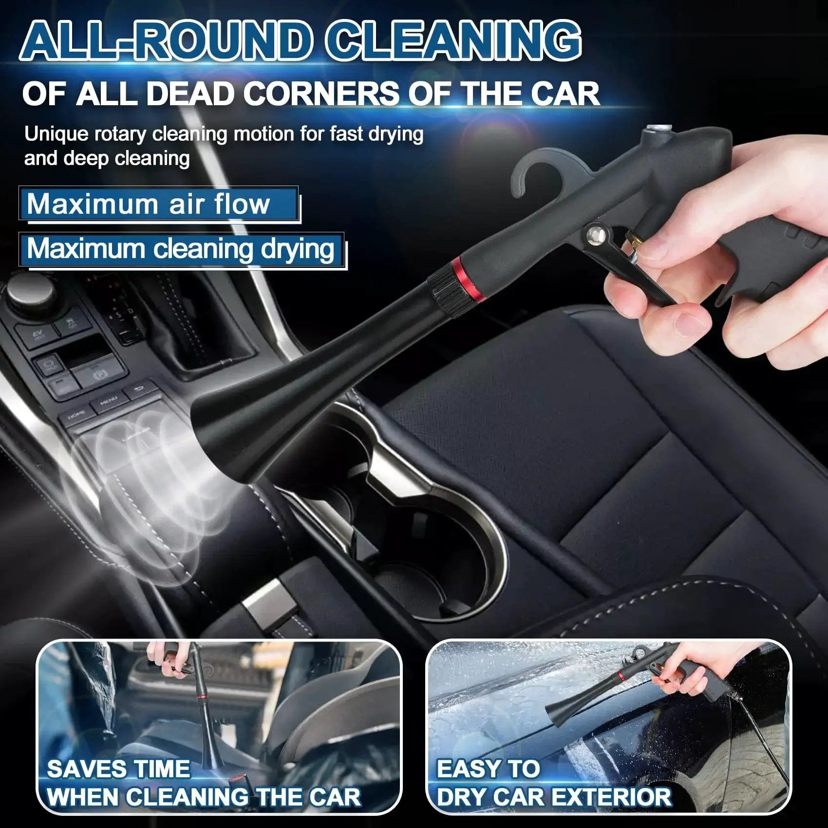 Tornado Car Cleaning Gun With Aluminum Alloy Bearing Nozzle used for interior car detailing near cup holders.