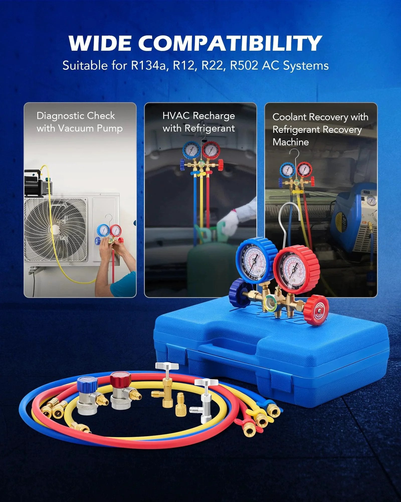 Pro Auto AC Gauges Set for R134a R12 R502 Refrigerant with 3 Way Manifold, 5 Ft Hoses, Color Coded Quick Couplers shown with case