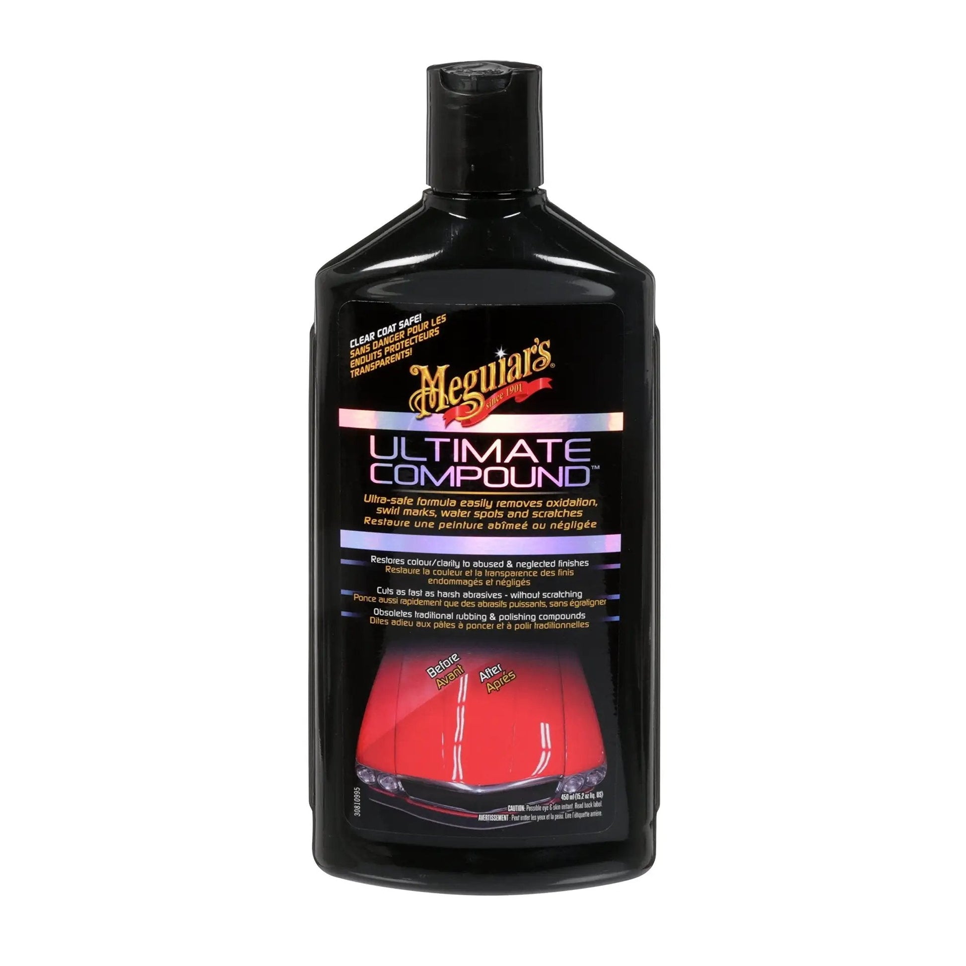 Bottle of Meguiar's Ultimate Compound For Cars That Removes Oxidation Swirl Marks Water Spots And Scratches On Clear Coat.