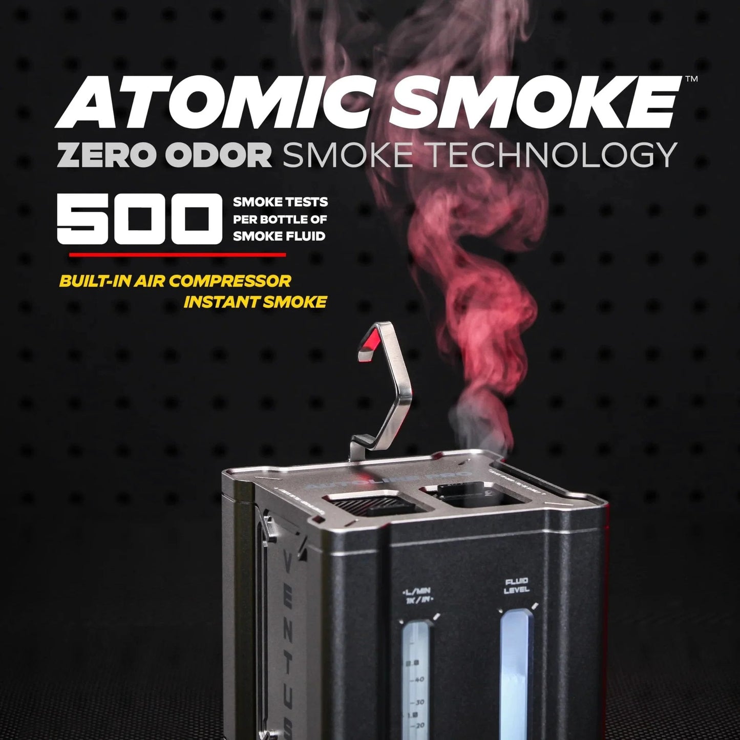 Close-up of Ventus Smoke Machine Leak Tester for EVAP and vacuum systems with built-in air compressor, emitting smoke.