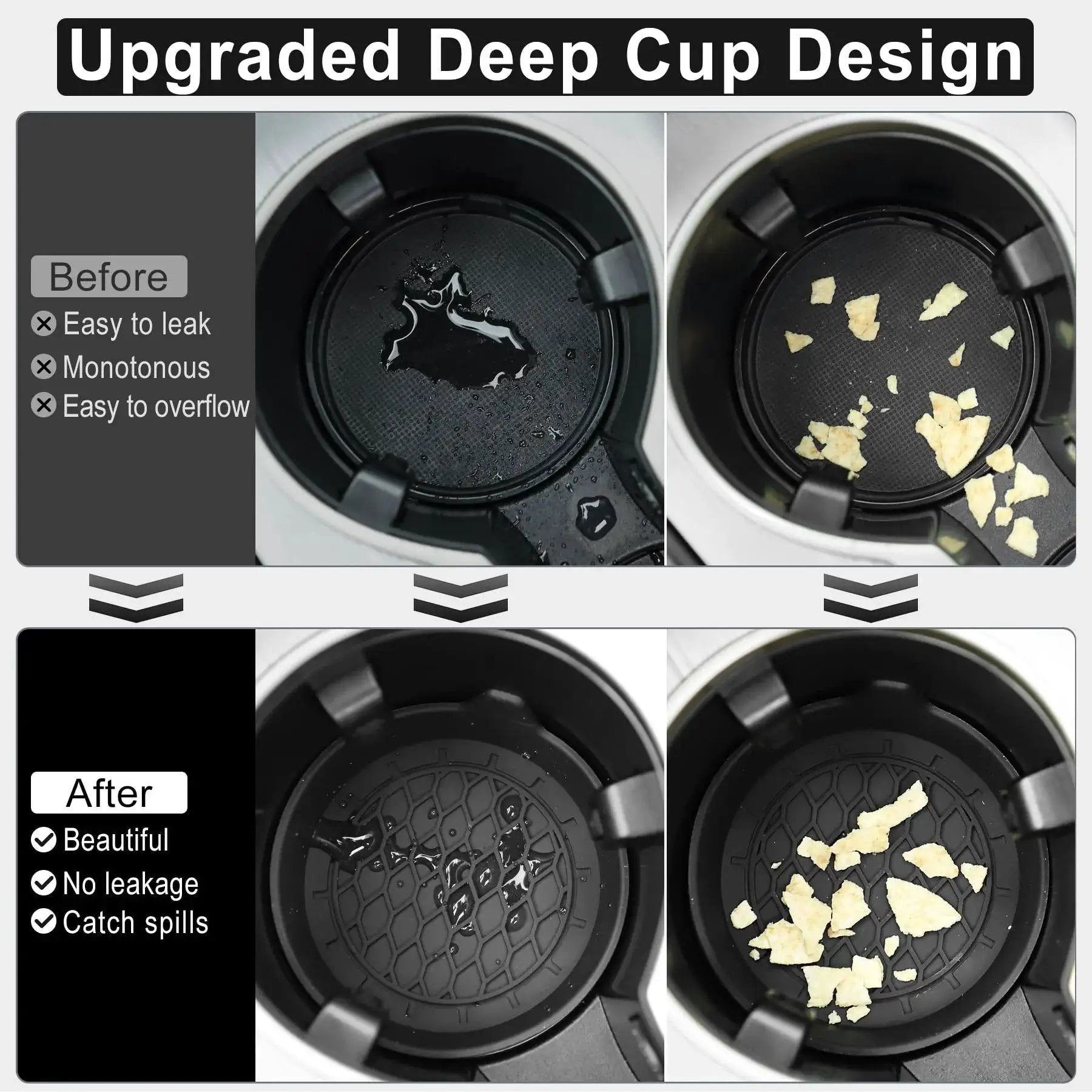 Silicone Car Cup Holder Coasters Set Of Four Universal Non Slip Inserts showing before and after use with spills and crumbs.