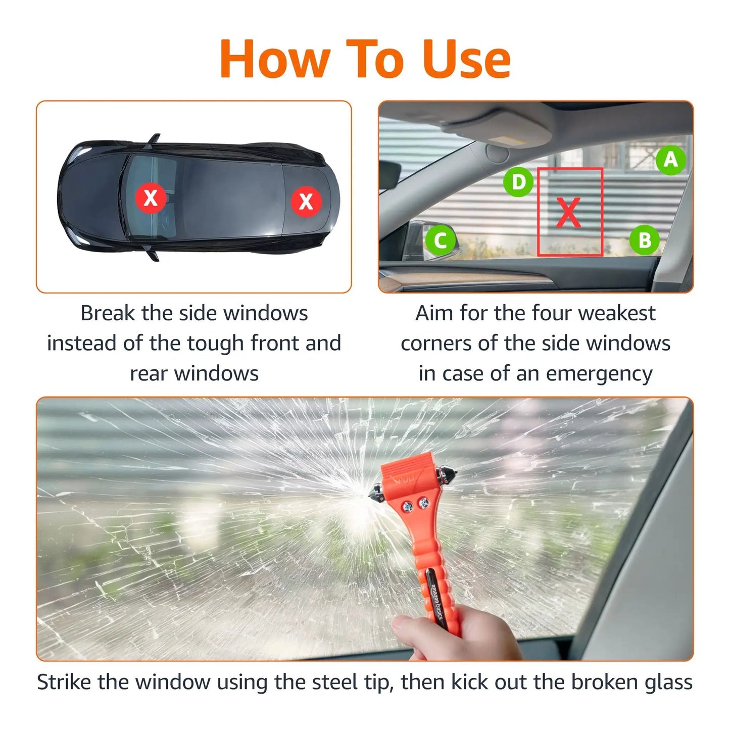 Emergency Car Escape Tool With Window Hammer And Seat Belt Cutter Two Pack Bright Orange Handle, instructional image showing usage in emergencies.