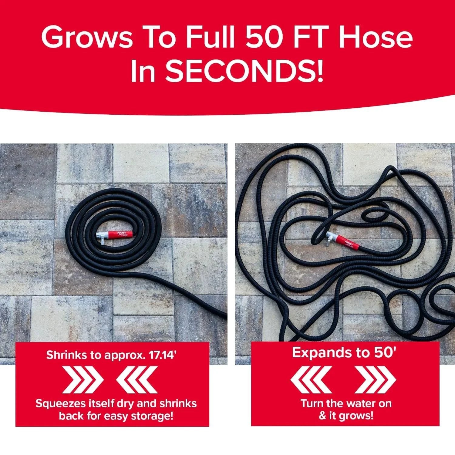 Expandable 50 Ft Garden Hose With Turbo Shot Nozzle For Quick Water Flow From Pocket Hose Silver Bullet Two Point Zero shown coiled and extended.