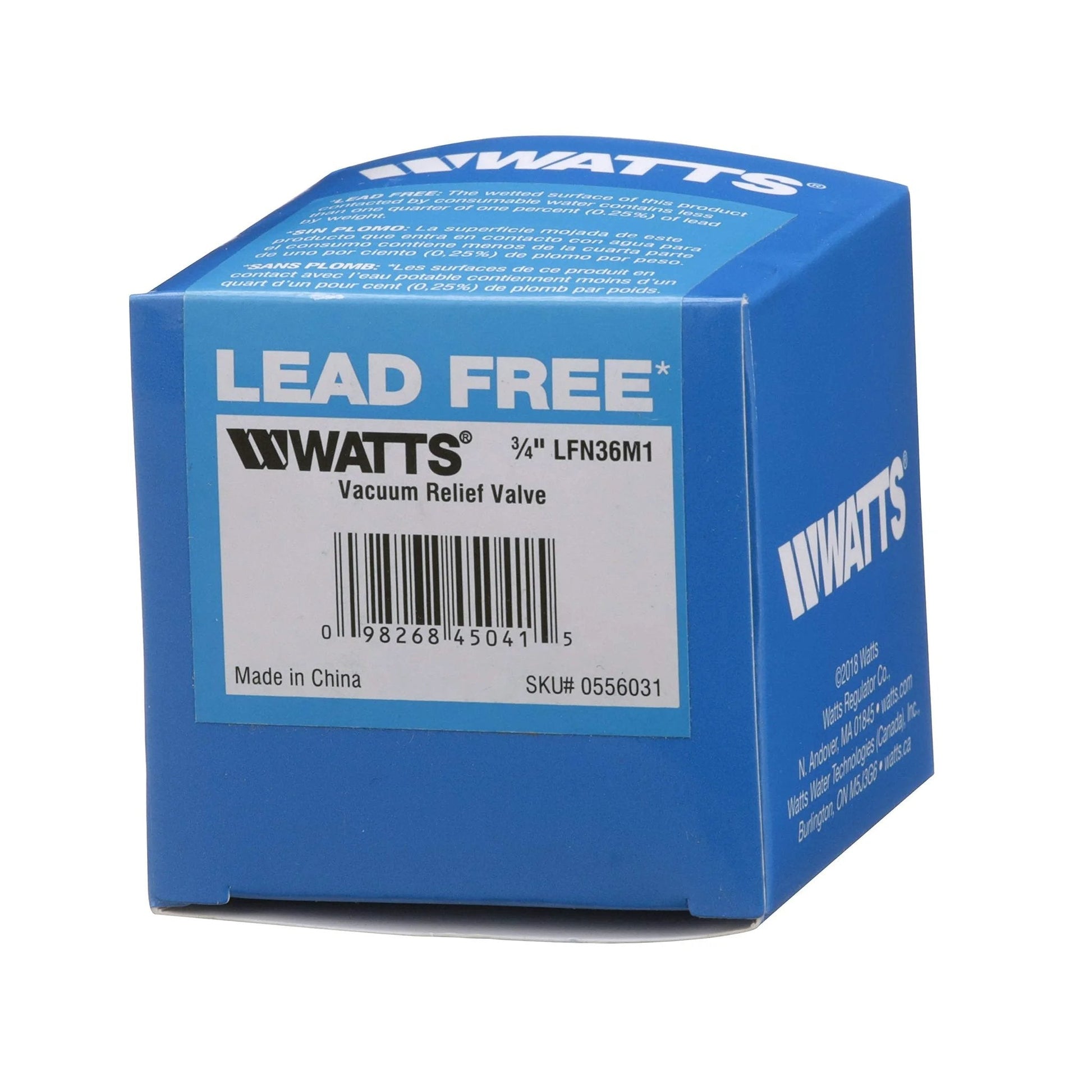 Low Profile Vacuum Relief Valve For Water Service And Heater Tanks Three Quarter Inch No Fuss Easy Install Prevents Siphoning And Vacuum Damage In Piping Watts LFN36 M1 box packaging view
