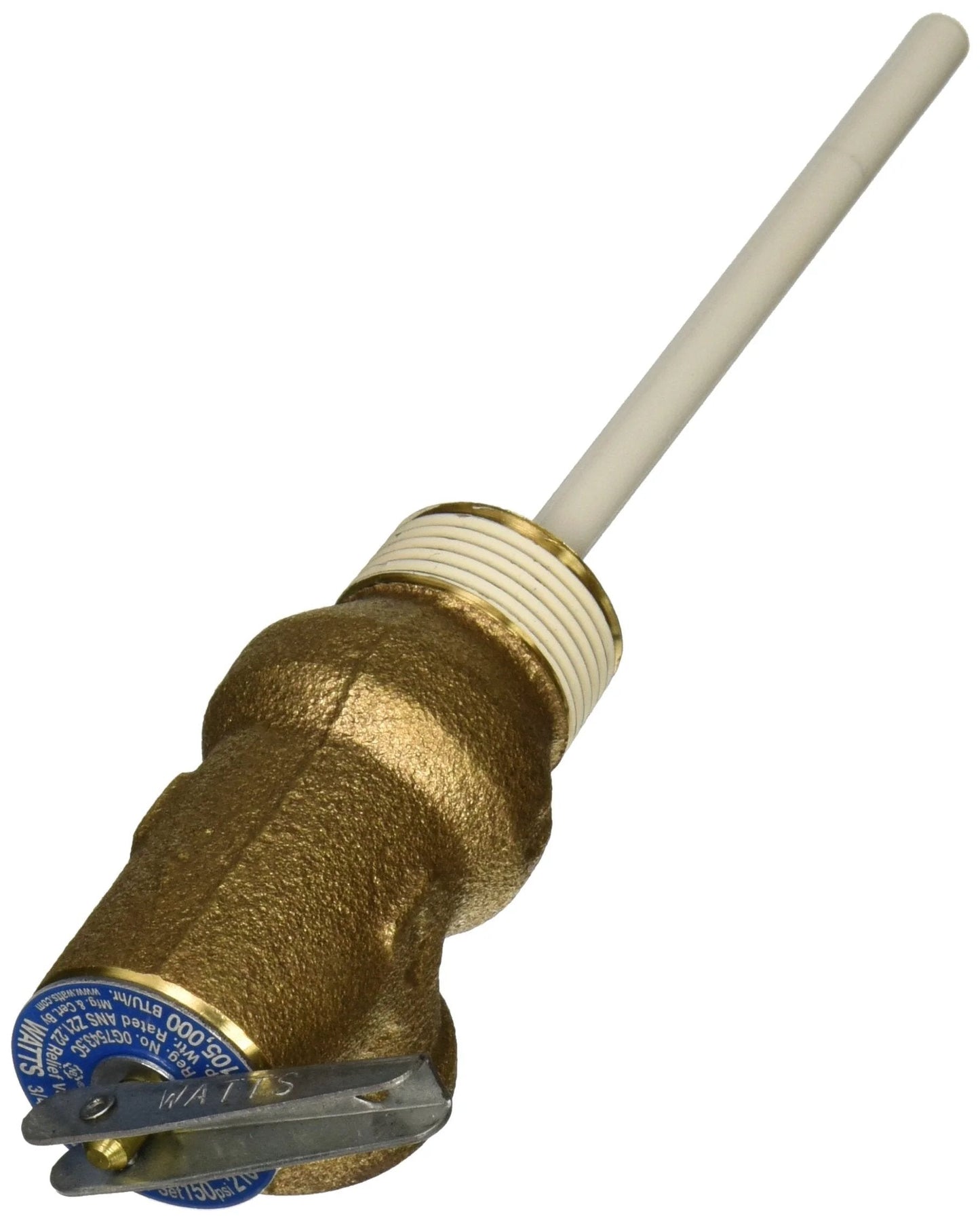 Side view of Small Temperature and Pressure Relief Valve for Water Heaters SP12574 by Rheem, three quarter inch NPT Inlet and Outlet.