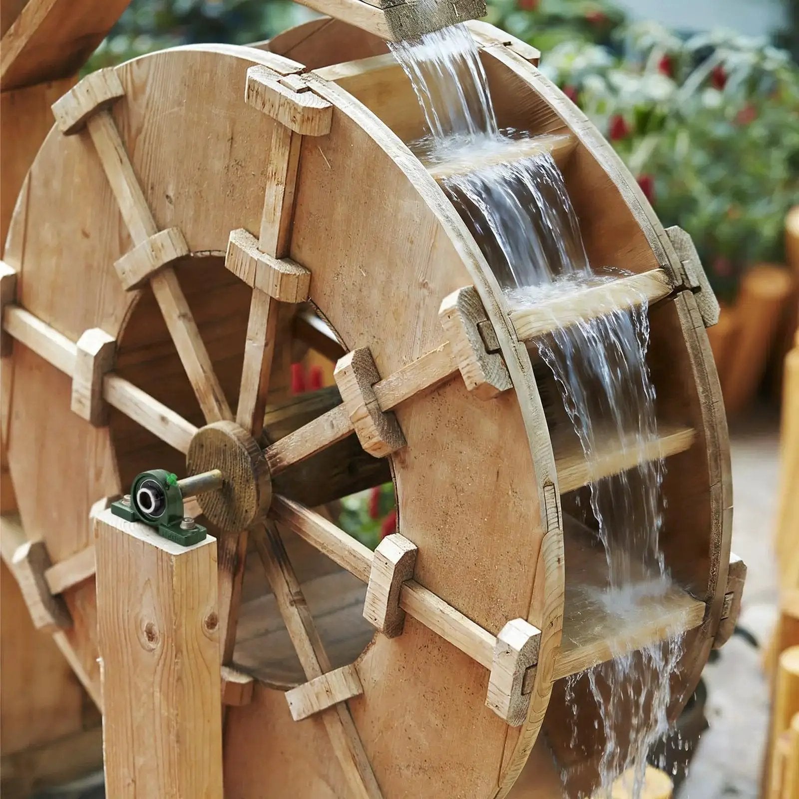 Wooden water wheel with flowing water, showcasing DIY projects using Eight Pack Pillow Block Bearings UCP20412 Three Quarter Bore Self Aligning Ball Bearings In Solid Cast Iron Housing With Chrome Steel Bearings.