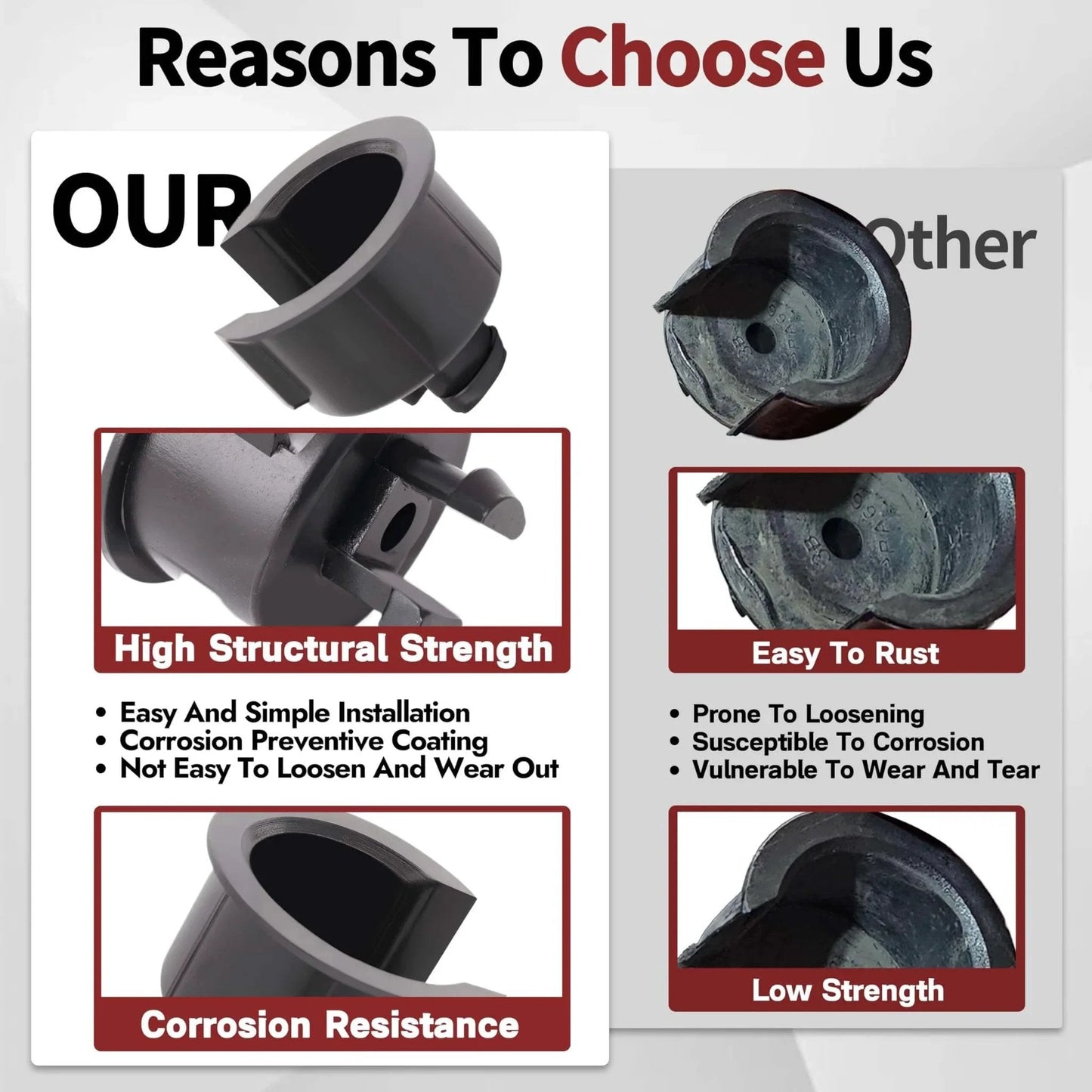 Comparison of durable tailgate hinge bushing versus rusted alternative, featuring 2 Pcs Tailgate Hinge Bushing Insert For 2007 Through 2024 Toyota Tundra SR And SR5 Rear Right Passenger Side Tail Gate Replacement 661100C020 Premium Plastic Material Durable Direct Fit Part Number 661100C020.