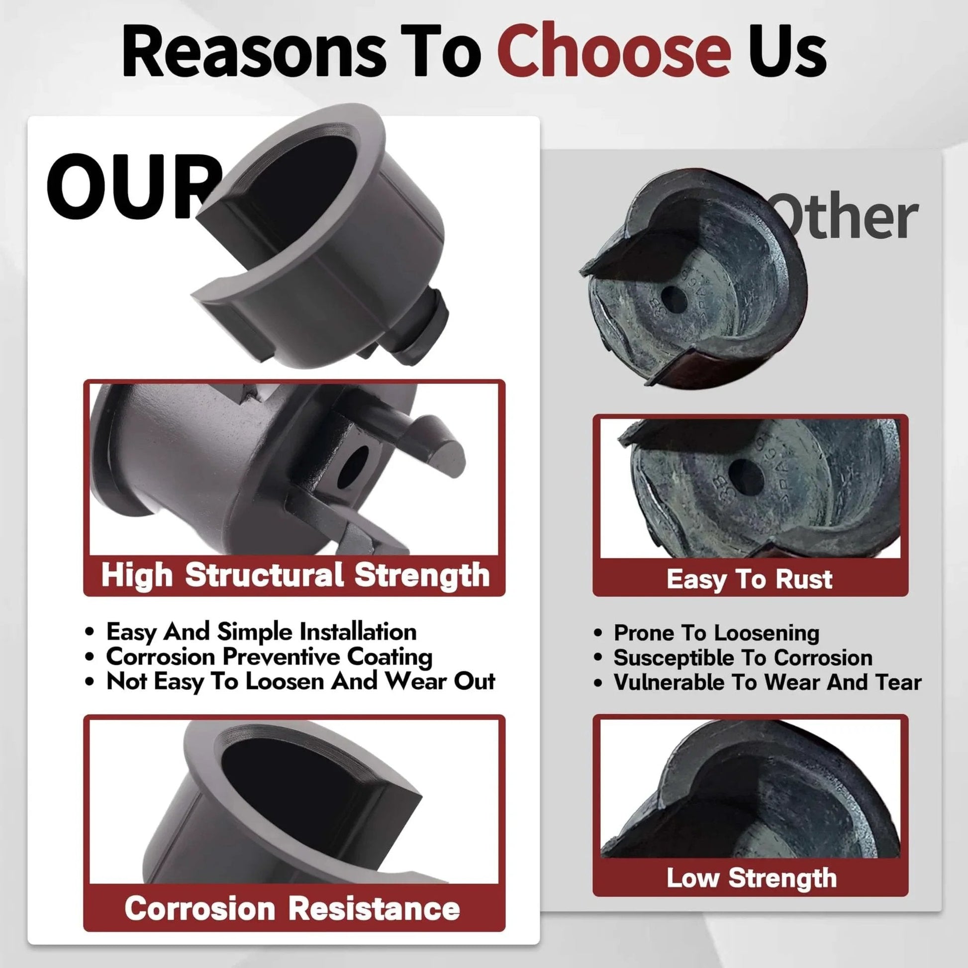 Comparison of durable tailgate hinge bushing versus rusted alternative, featuring 2 Pcs Tailgate Hinge Bushing Insert For 2007 Through 2024 Toyota Tundra SR And SR5 Rear Right Passenger Side Tail Gate Replacement 661100C020 Premium Plastic Material Durable Direct Fit Part Number 661100C020.