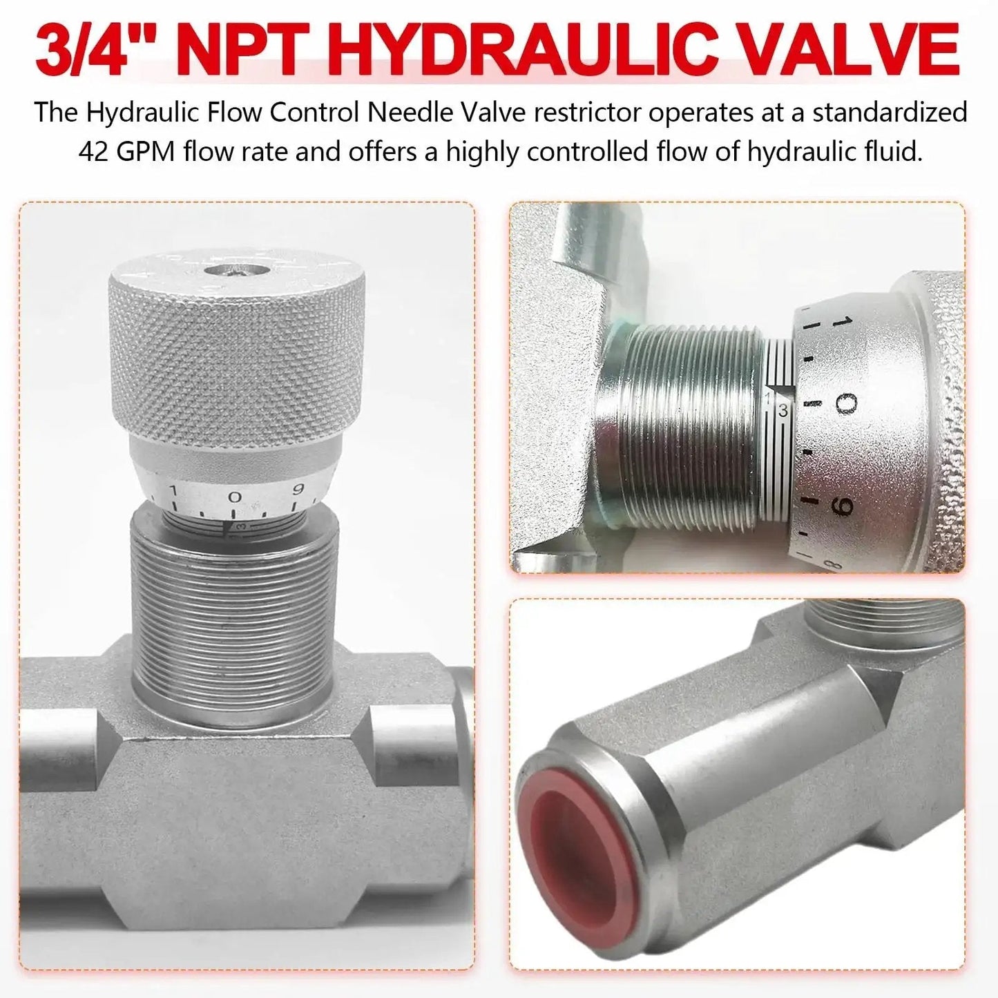 Three Quarter Inch Pro Grade Hydraulic Flow Control Valve Kit With Two Three Quarter Inch Male Adapters, close-up of valve details