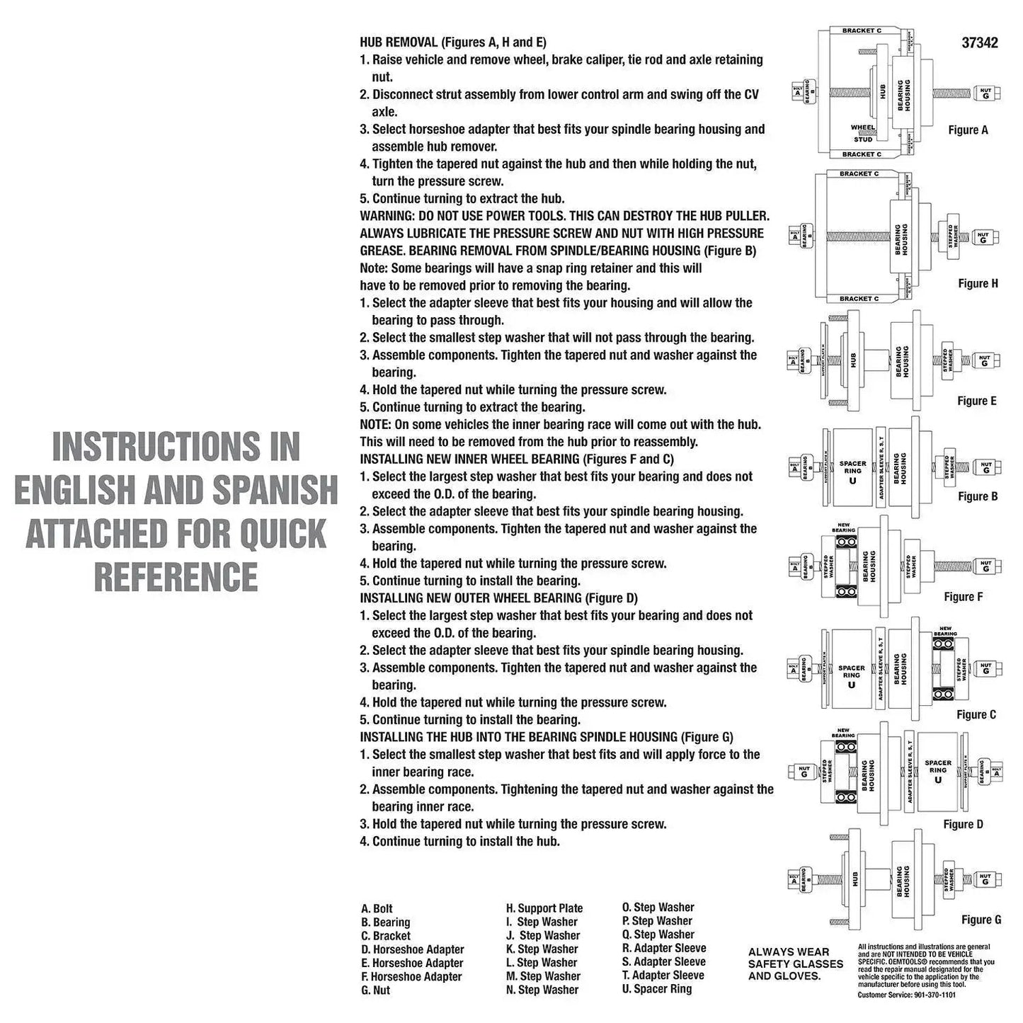 Master Wheel Bearing Removal Tool instructions in English and Spanish with parts list and diagrams for reference