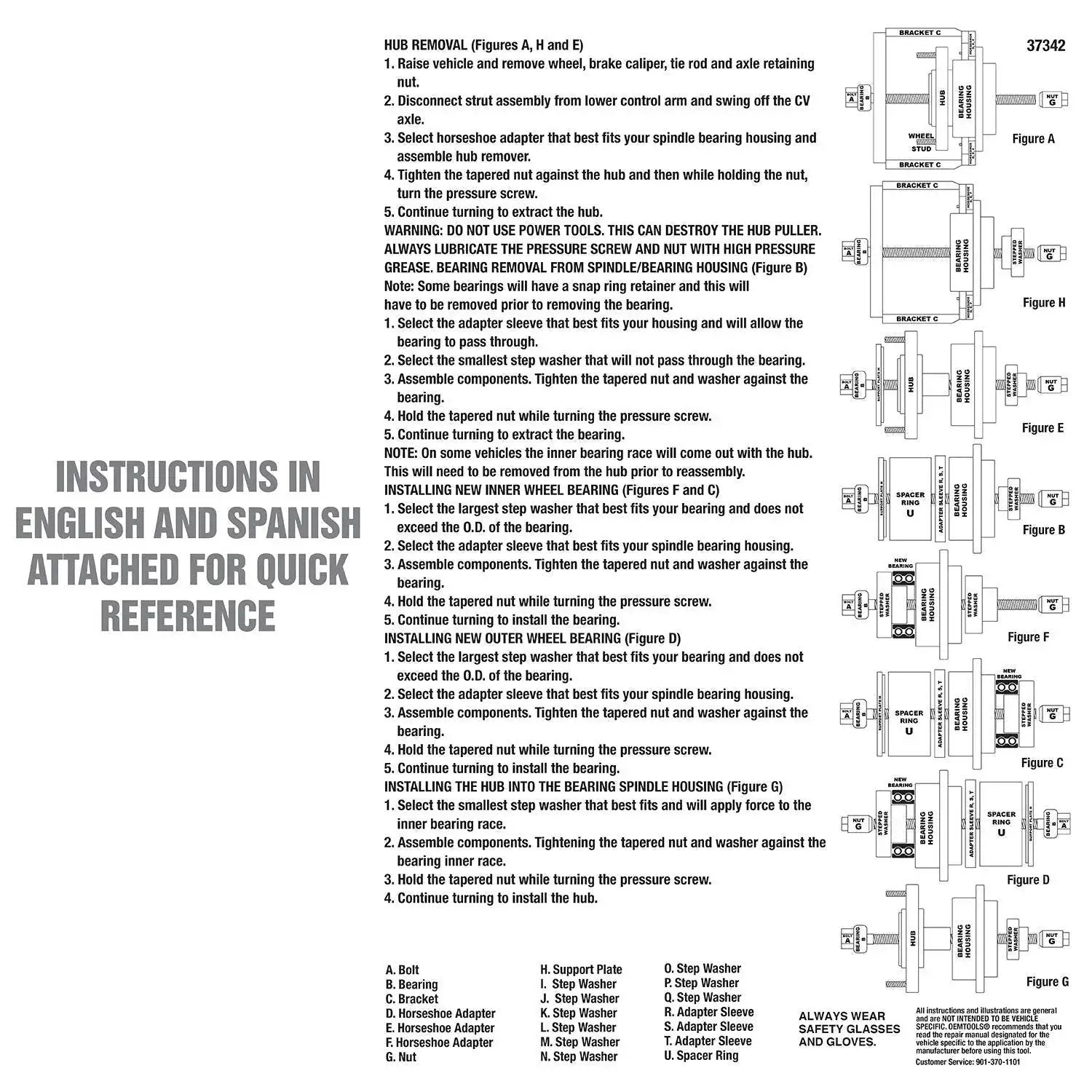 Master Wheel Bearing Removal Tool instructions in English and Spanish with parts list and diagrams for reference