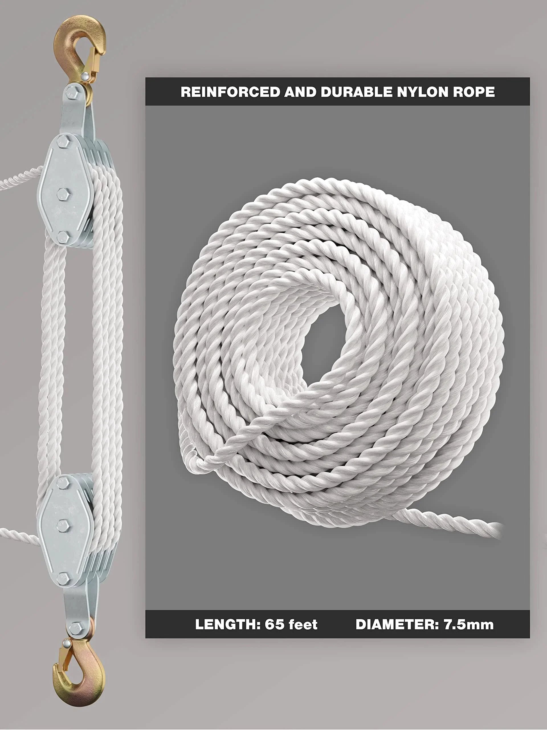 Heavy Duty Block And Tackle Pulley System For Lifting Heavy Objects With 4000 lb Breaking Strength And 65 Feet Of Three Eighths Inch Rope