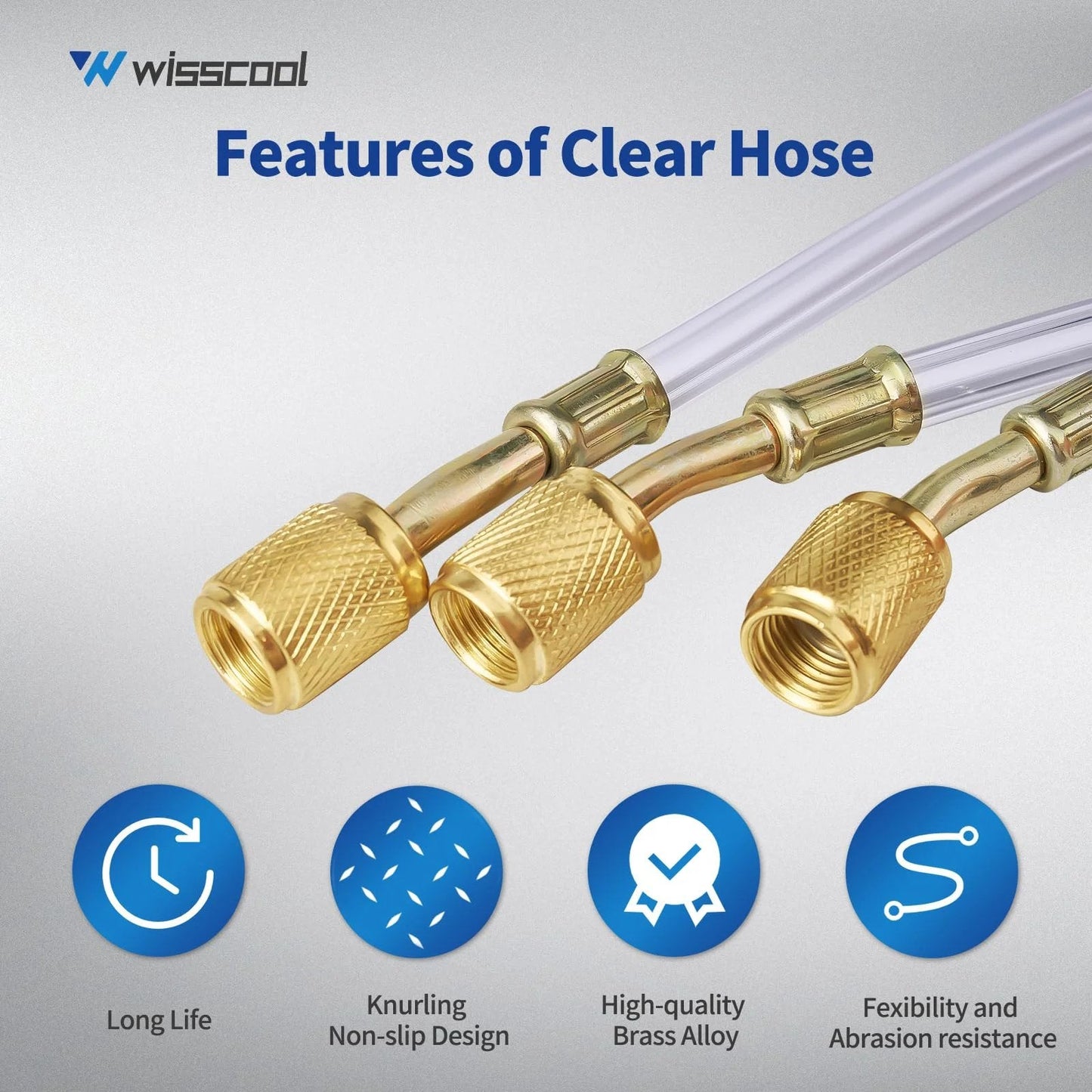 Universal 1/4 Inch Refrigerant Charging Hoses Set Of 3, 60 Inch Length, HVAC Hoses With 1/4 Flare Fittings, features clear see-through pipes.