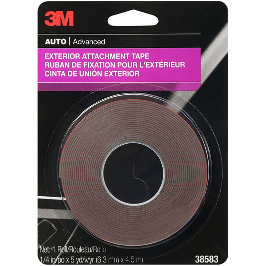 Exterior automotive attachment for moldings, emblems and trim, 1/4 in width x 5 yards length, clear high-strength double-sided weatherproof permanent mounting adhesive, 1 roll in packaging