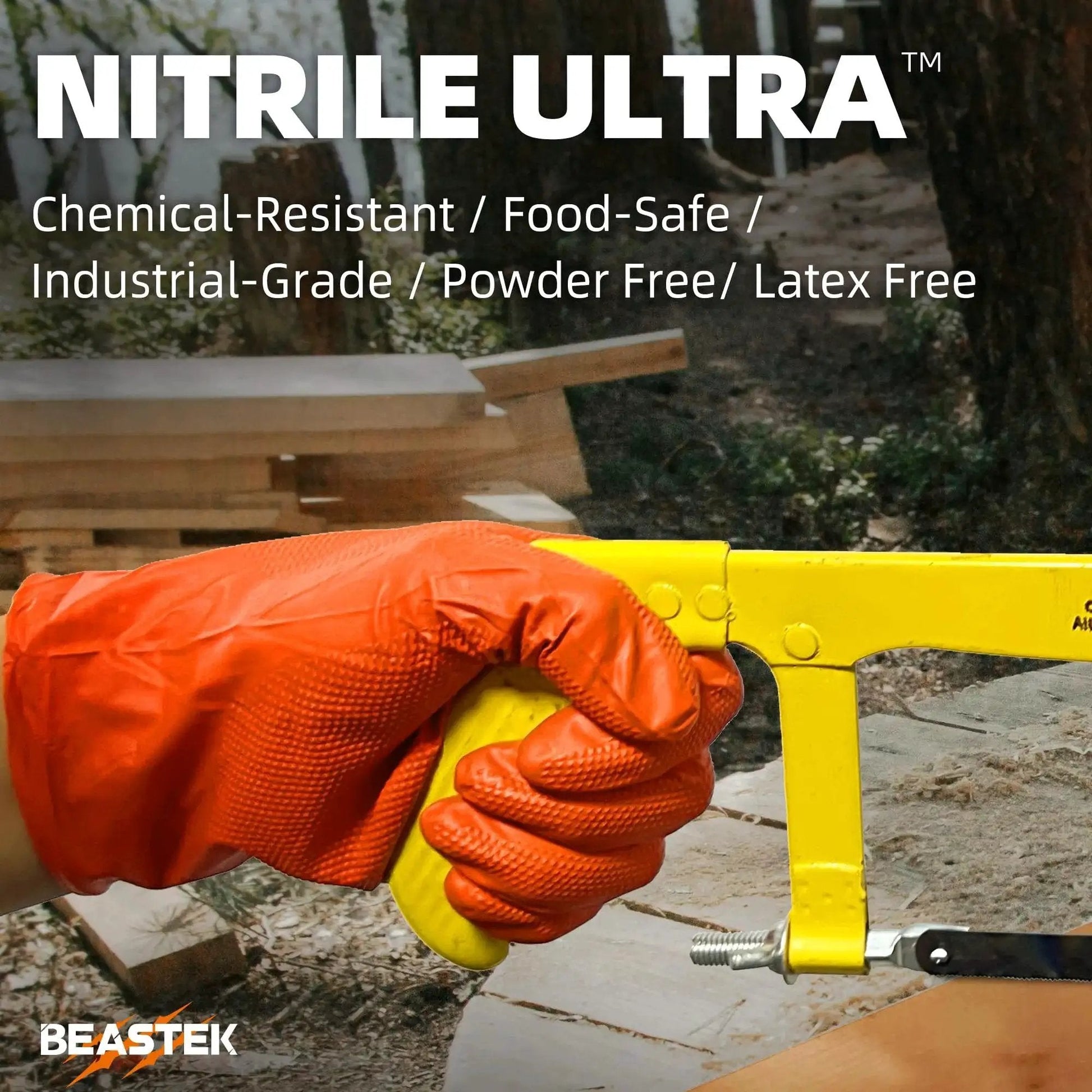 Person wearing 8 Mil Nitrile Disposable Gloves Heavy Duty Diamond Textured Orange Large 50 Pcs holding a yellow saw