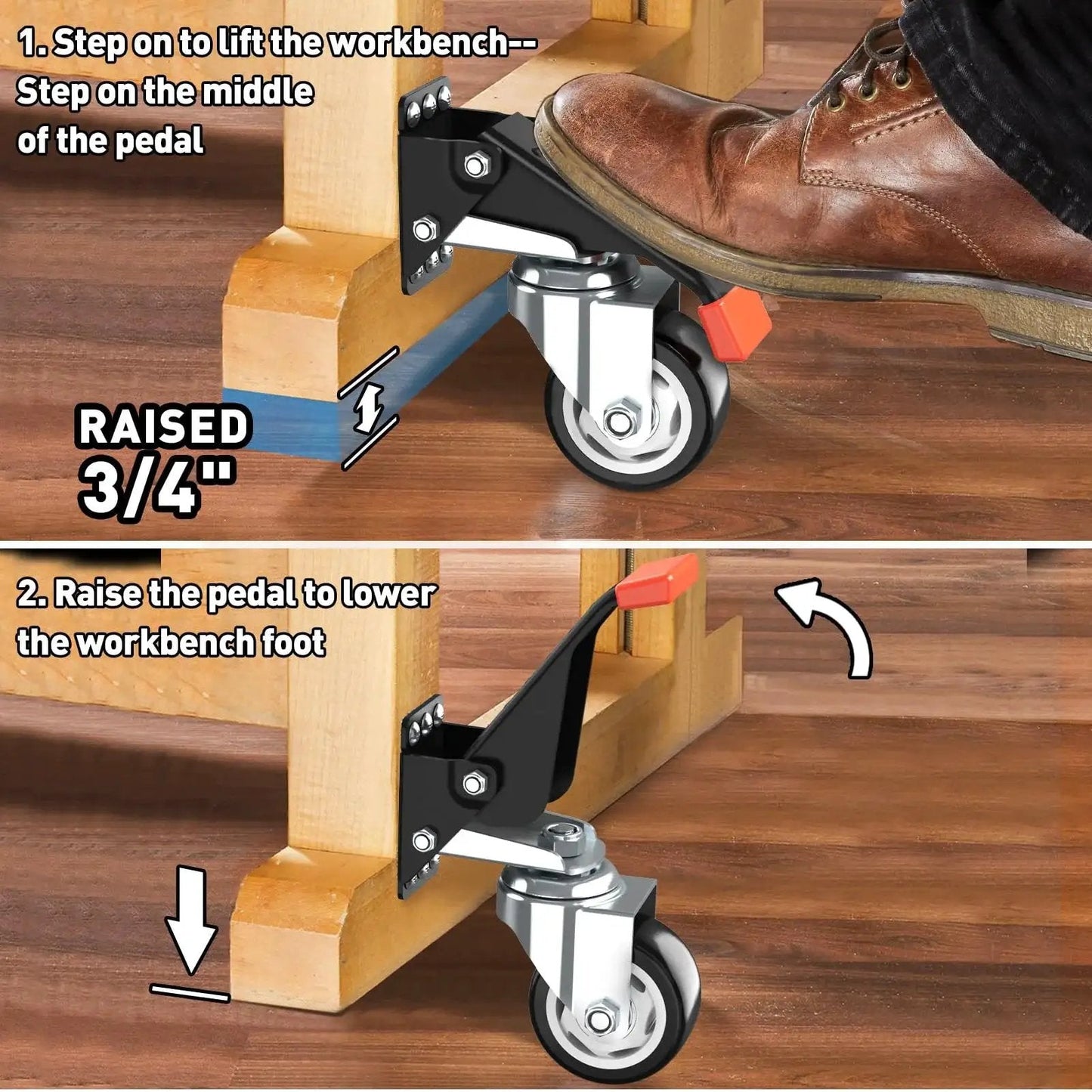 Foot operating 4 Pack 3 Inch Heavy Duty Retractable Workbench Casters Kit for workbenches with orange cushion and pro-grade wheels.