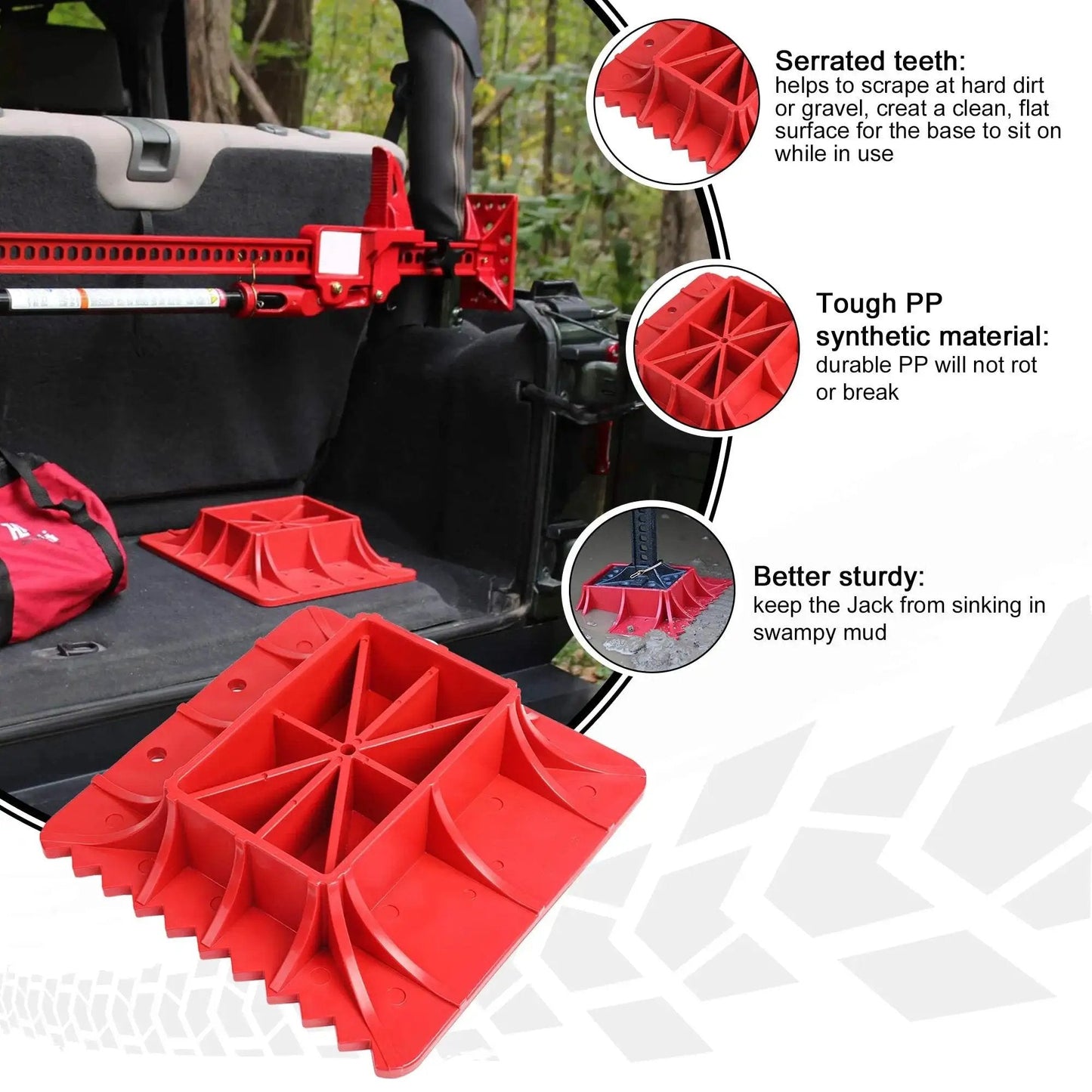 Off Road Base Jack Stand with PP Pad in a vehicle trunk, red color, serrated teeth visible, designed to alleviate hoist sinkage.