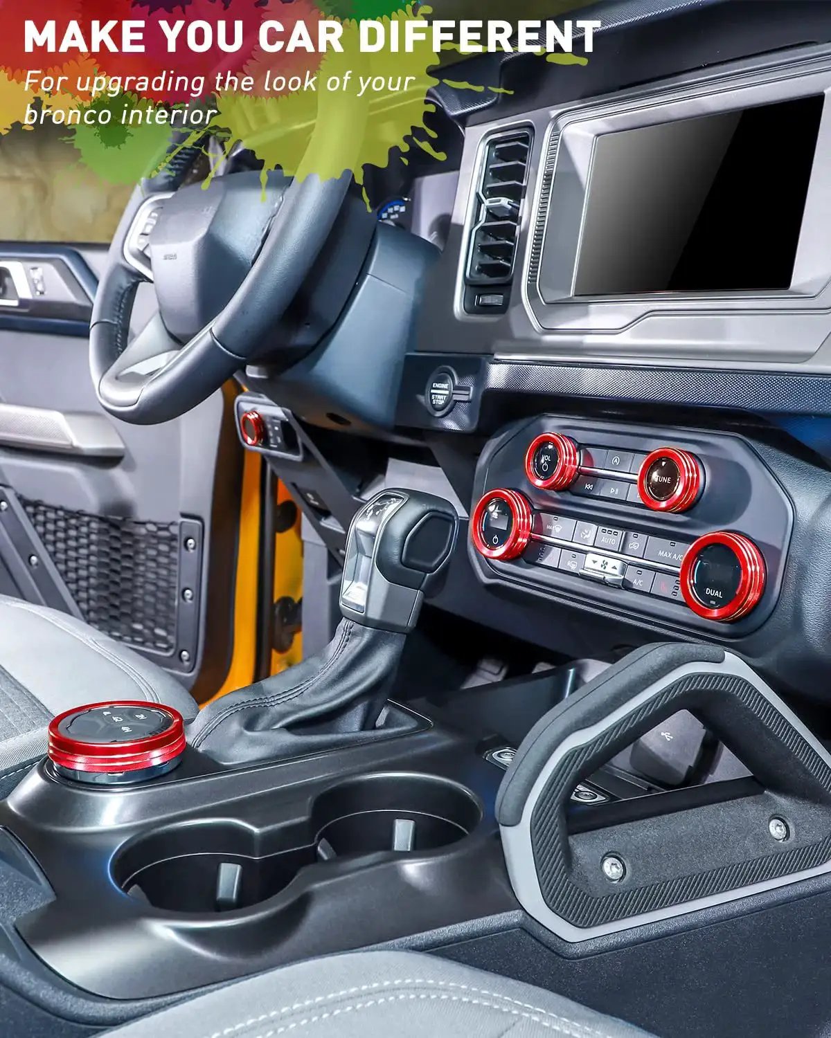 Interior of a Ford Bronco with Billet Aluminum Knob Trim Set Red Bezel For Headlight 4WD HVAC Radio installed.