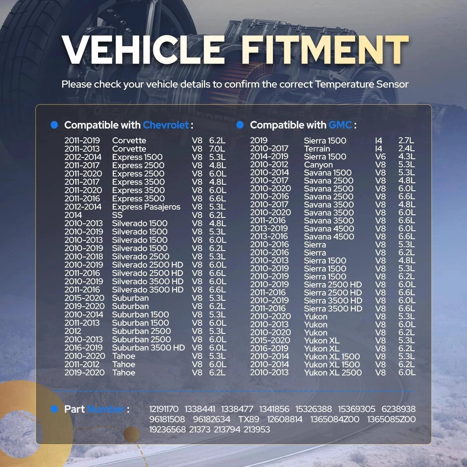 Compatibility chart for engine coolant temperature sensor with Chevy, GMC models listing years and engine types.