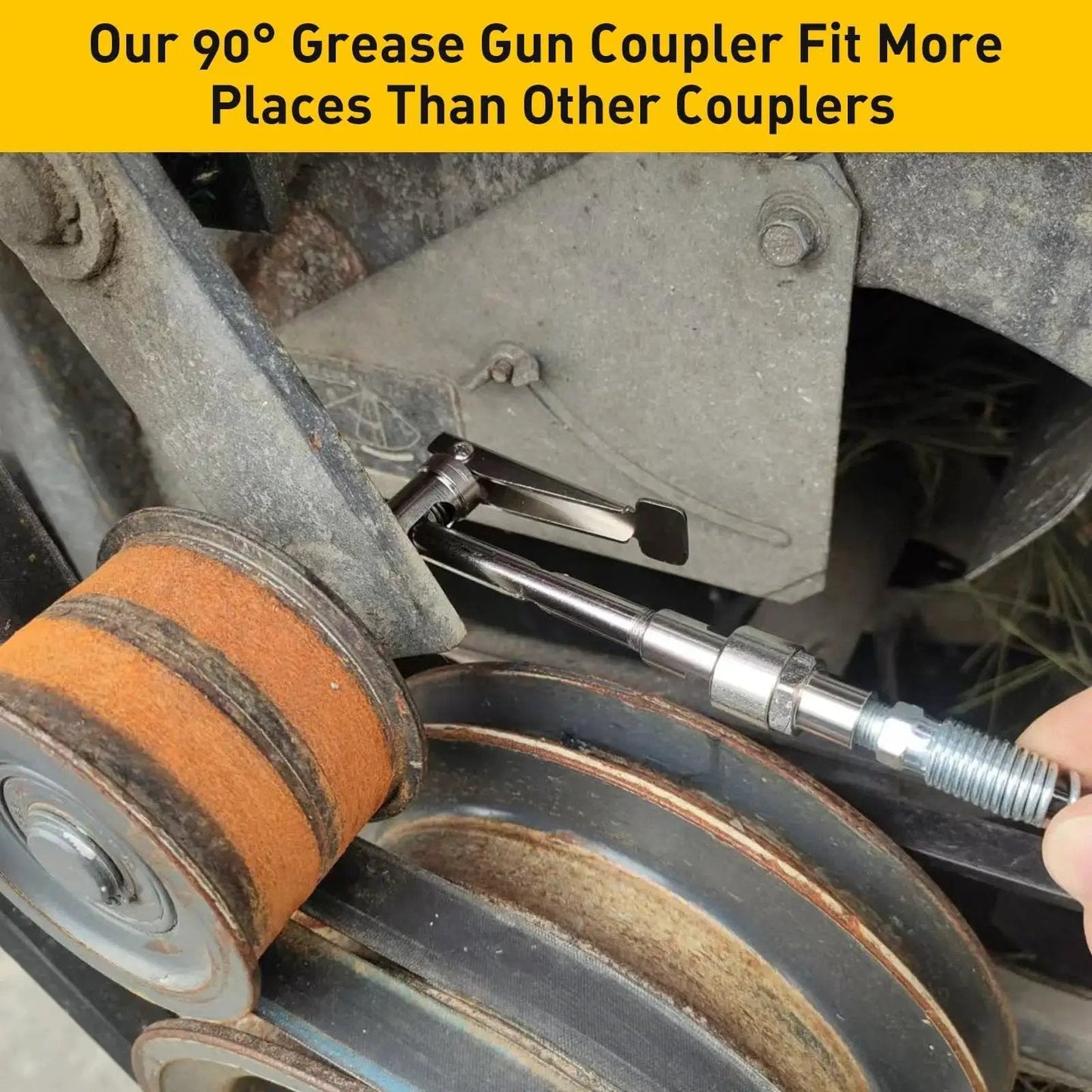 90 Degree Grease Gun Coupler Set Right Angle Zerk Fittings Adapter for Tight Spaces in use on industrial machinery