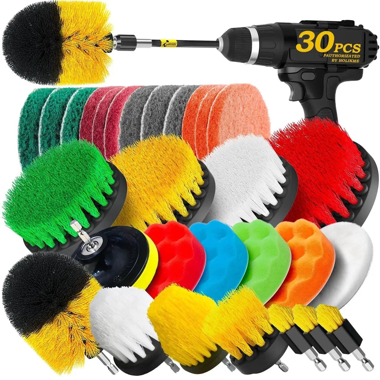 30 Piece Drill Brush Set With Scrub Pads And Sponges For Grout Tiles displayed with drill attachment