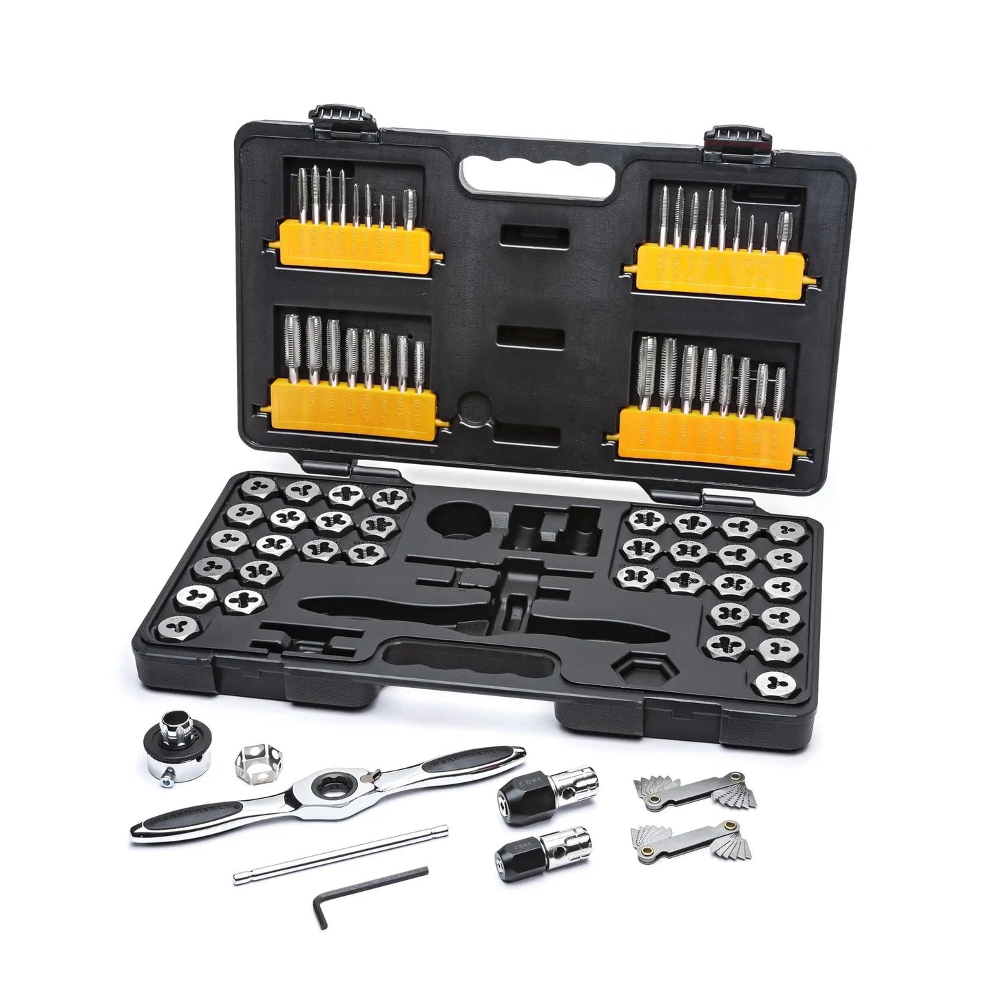 77 Piece SAE And Metric Ratcheting Tap And Die Set With Twist Lock Guide System And 5 Degree Swing Arc Reversing Lever T Handles