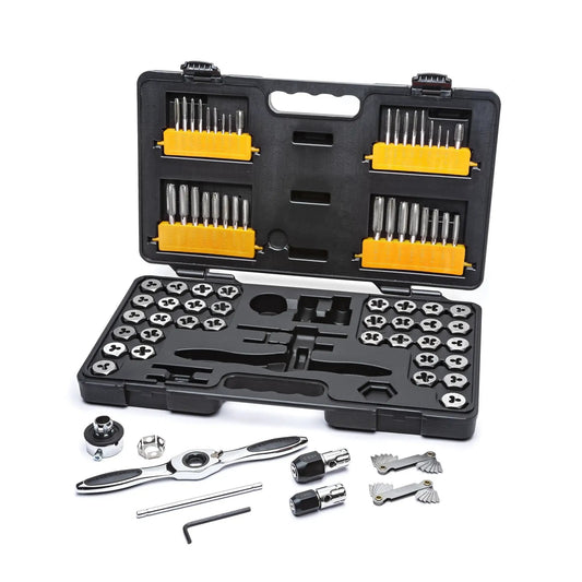 77 Piece SAE And Metric Ratcheting Tap And Die Set With Twist Lock Guide System And 5 Degree Swing Arc Reversing Lever T Handles