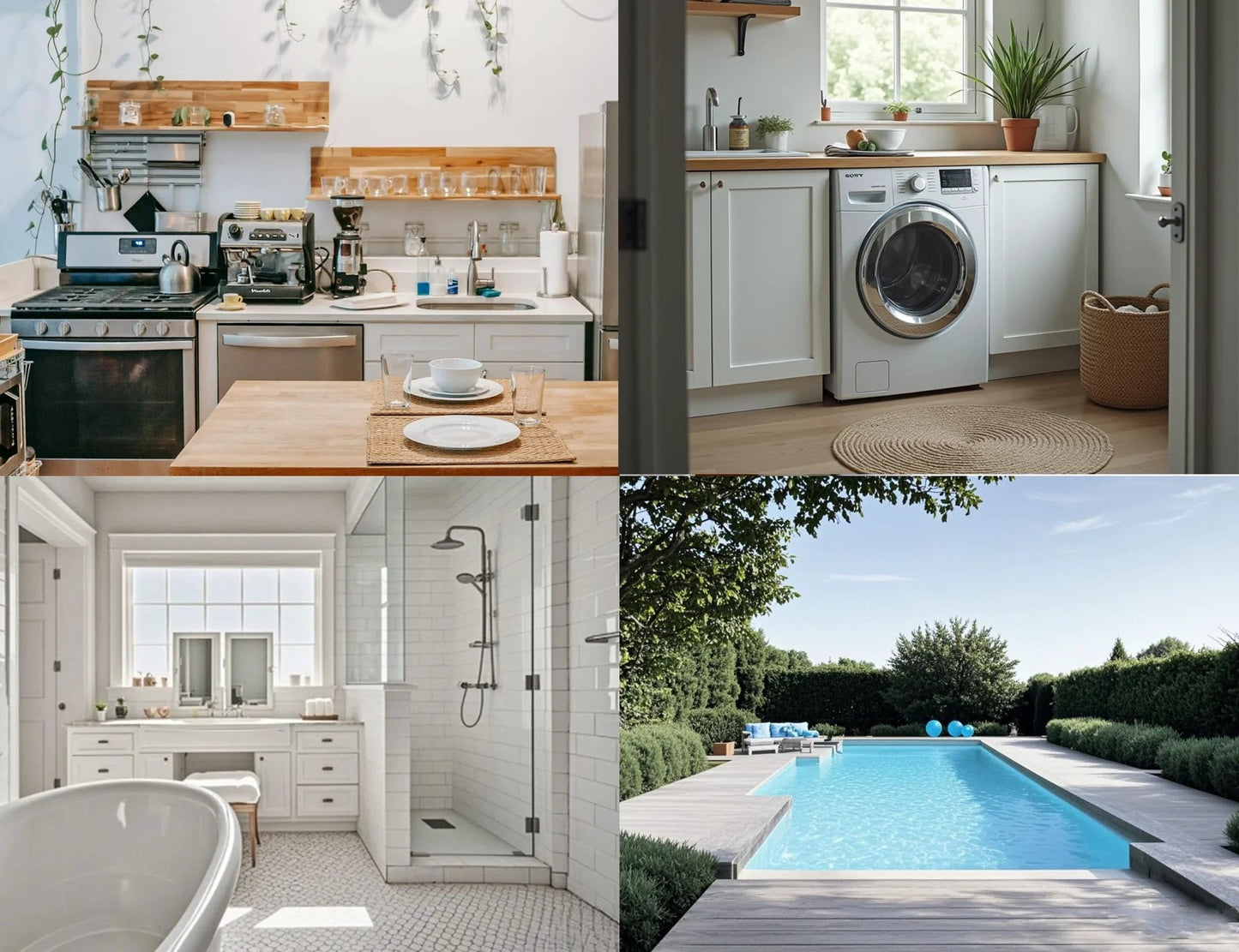 Collage of a kitchen, laundry room, bathroom, and outdoor pool area.