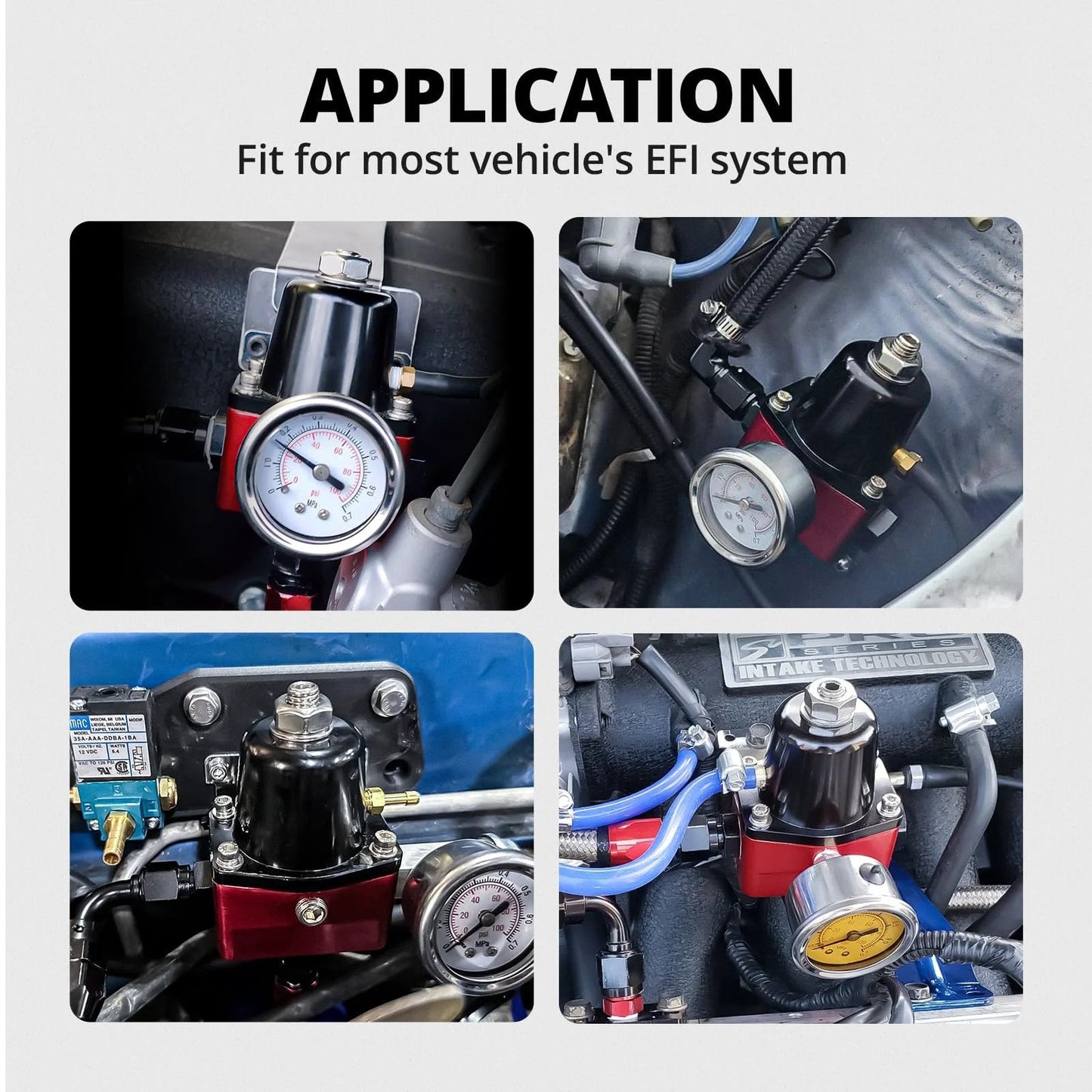 Adjustable 6AN EFI Fuel Pressure Regulator Return Bypass installed in vehicle EFI system, showing gauge and connections.