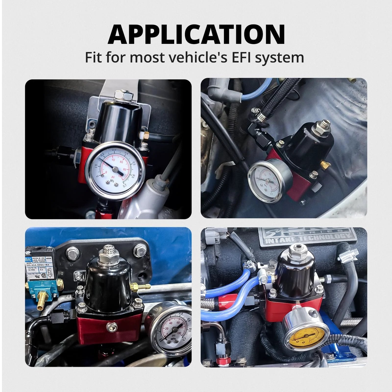 Adjustable 6AN EFI Fuel Pressure Regulator Return Bypass installed in vehicle EFI system, showing gauge and connections.