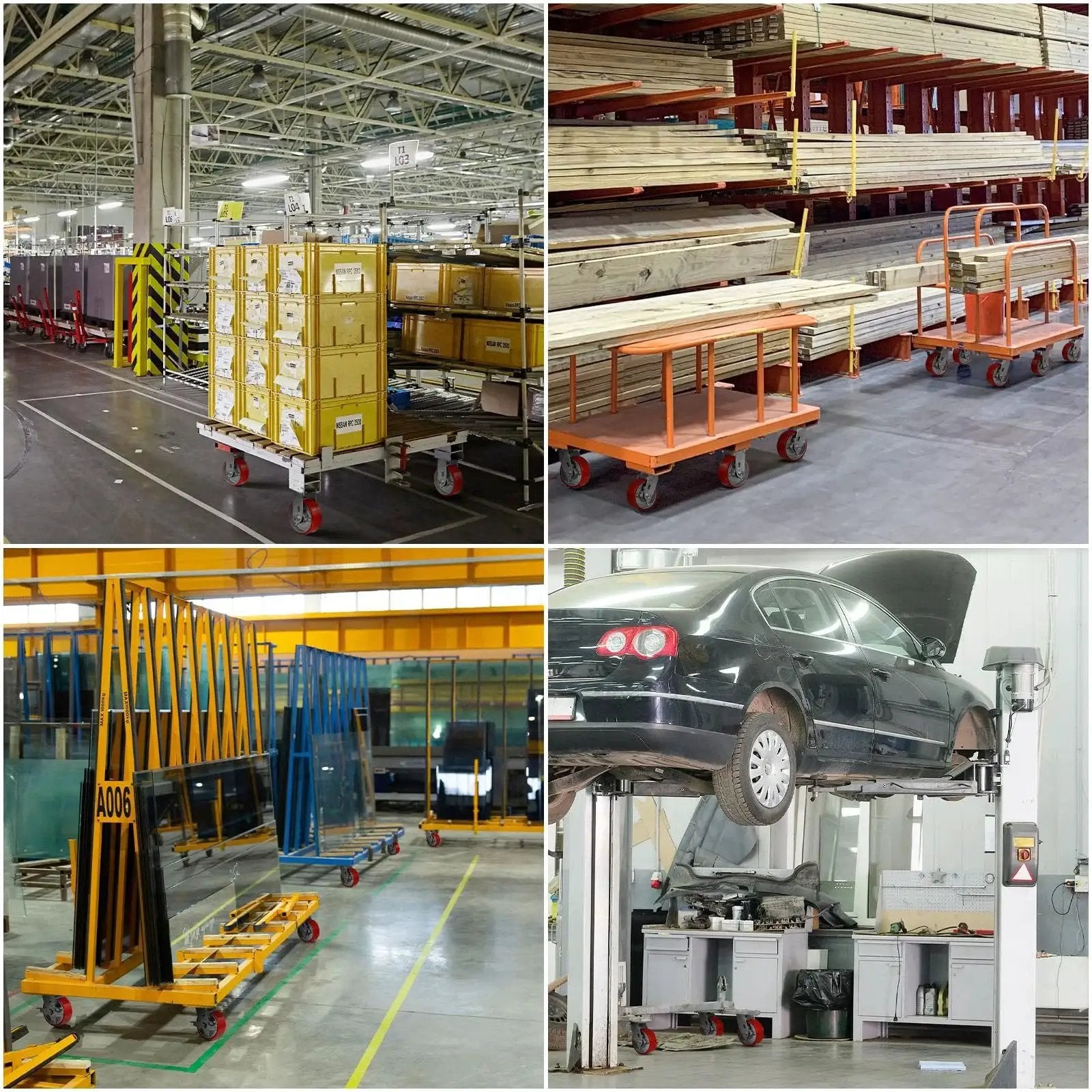 Industrial setting with carts and toolboxes using heavy duty five inch by two inch polyurethane on cast iron wheel with one half inch bore axle.