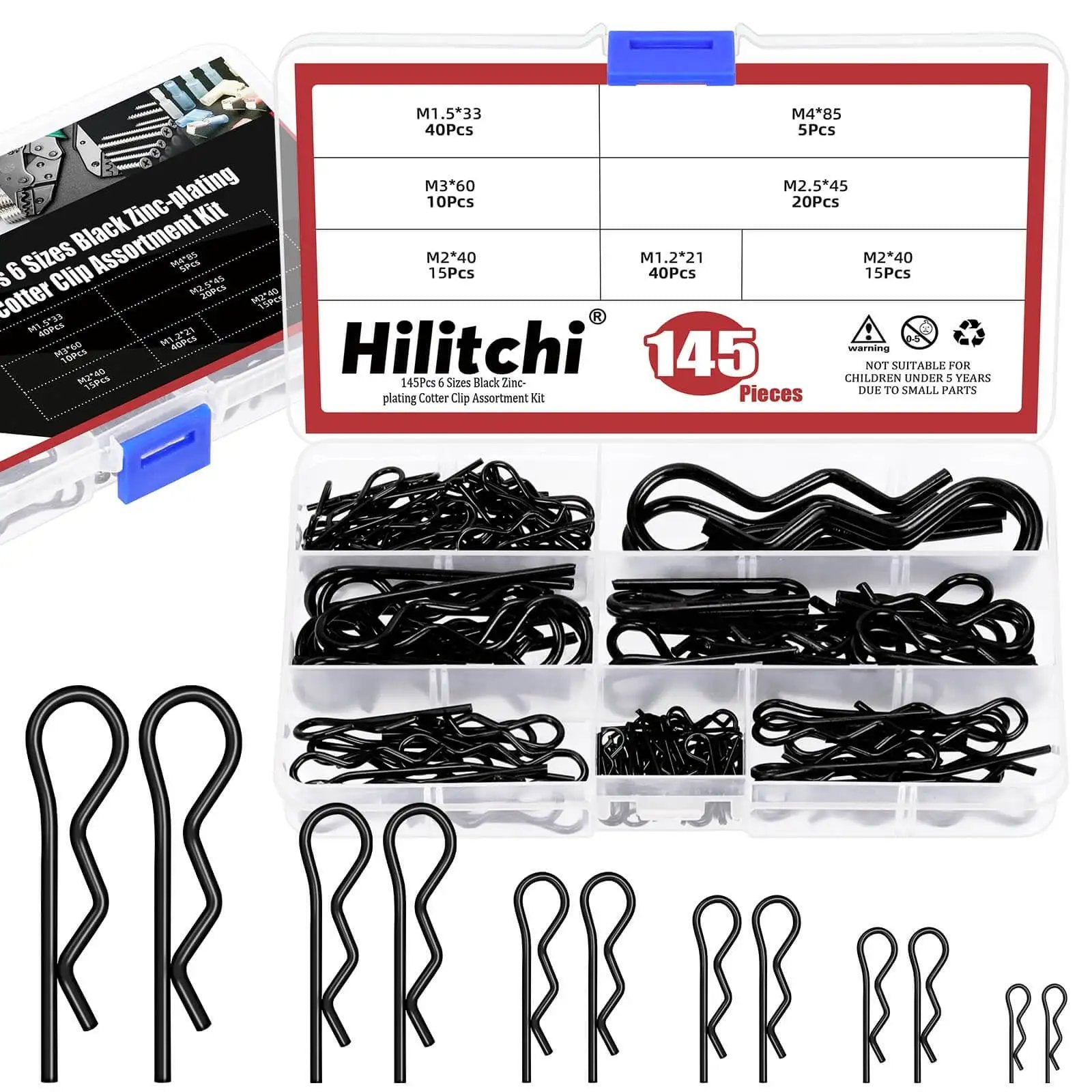 Comprehensive Hitch Pin Clip Kit With 145 Pieces In 6 Sizes R Clips Retaining Pins Hair Pins For Tractor Trailer Garden Equipment And More Comes In A Clear Storage Box Hilitchi visible with open storage box showing various clip sizes.