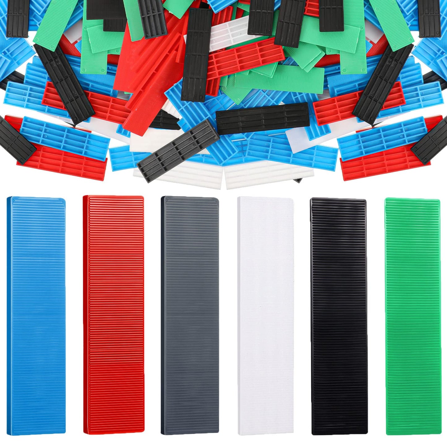 300 Piece Plastic Flat Shims for Leveling Tiles and Cabinets in 6 Colors Green Black White Grey Blue Red 3/64 5/64 1/8 5/32 13/64 15/64 Inch Range for Quick, Precise Adjustments
