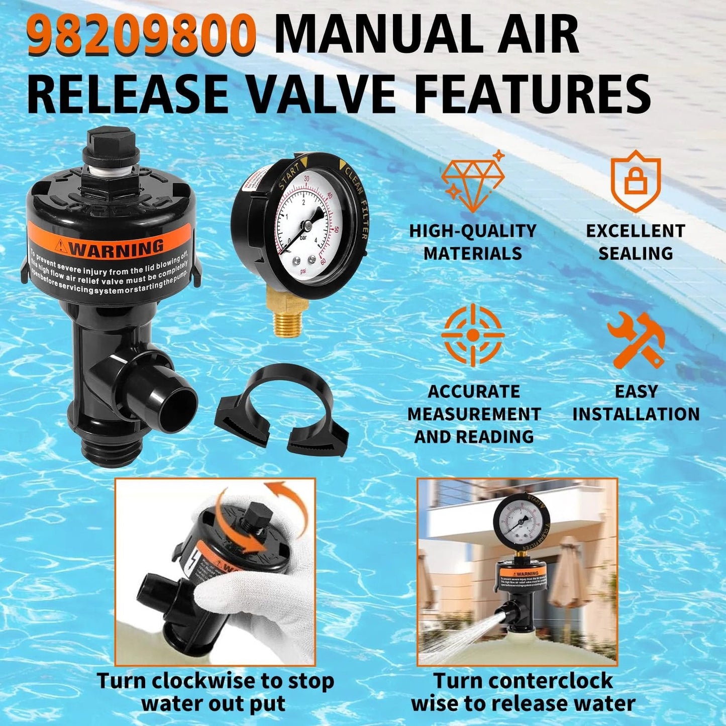 Manual Air Relief Valve Assembly With Pool Filter Pressure Gauge for easy install, showing gauge, valve body, and pool background.