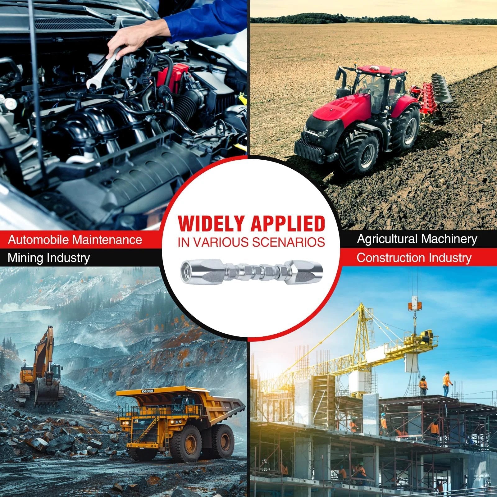 Collage showing uses of 2-Pack Hydraulic Hose Field Repair Kit For 1/4 Inch Inner Diameter Hoses in various industries.