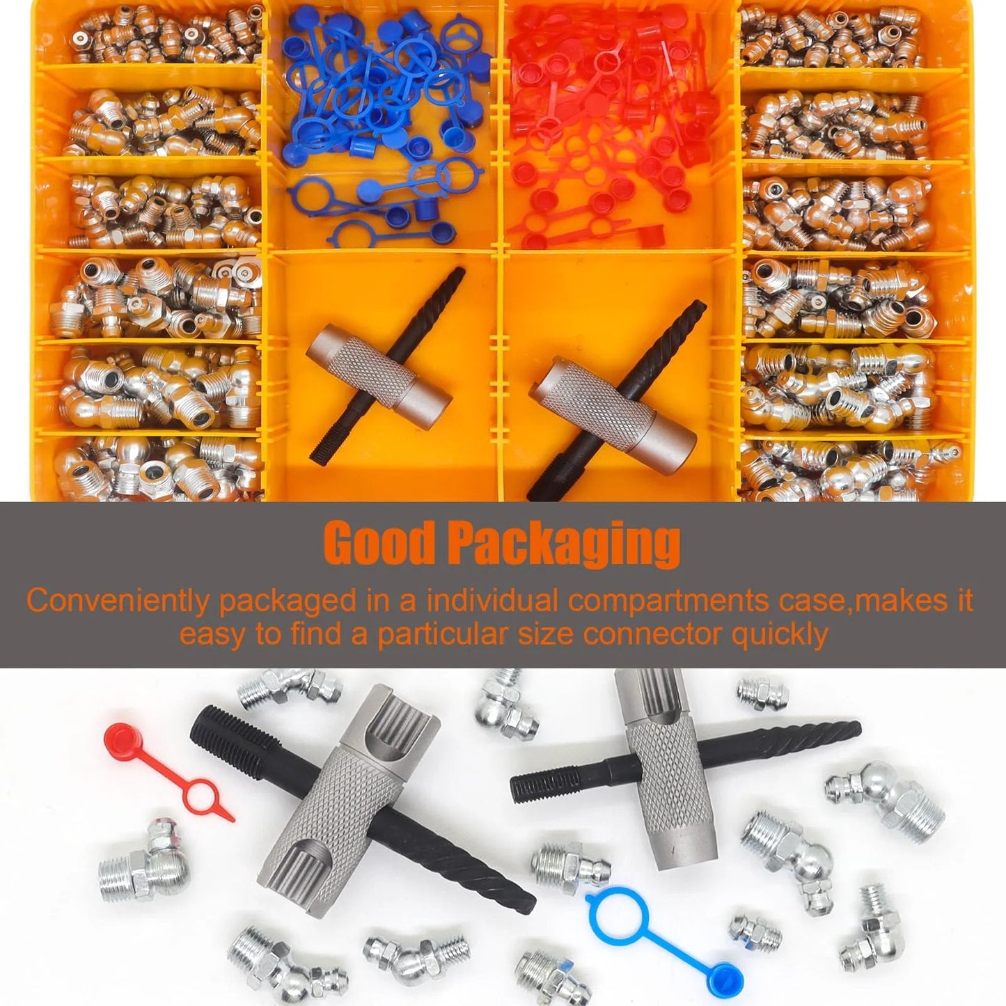 Grease Fitting Replacement Kit SAE And Metric with compartments, fittings, plastic cap covers, and multi-tools, 332 piece set