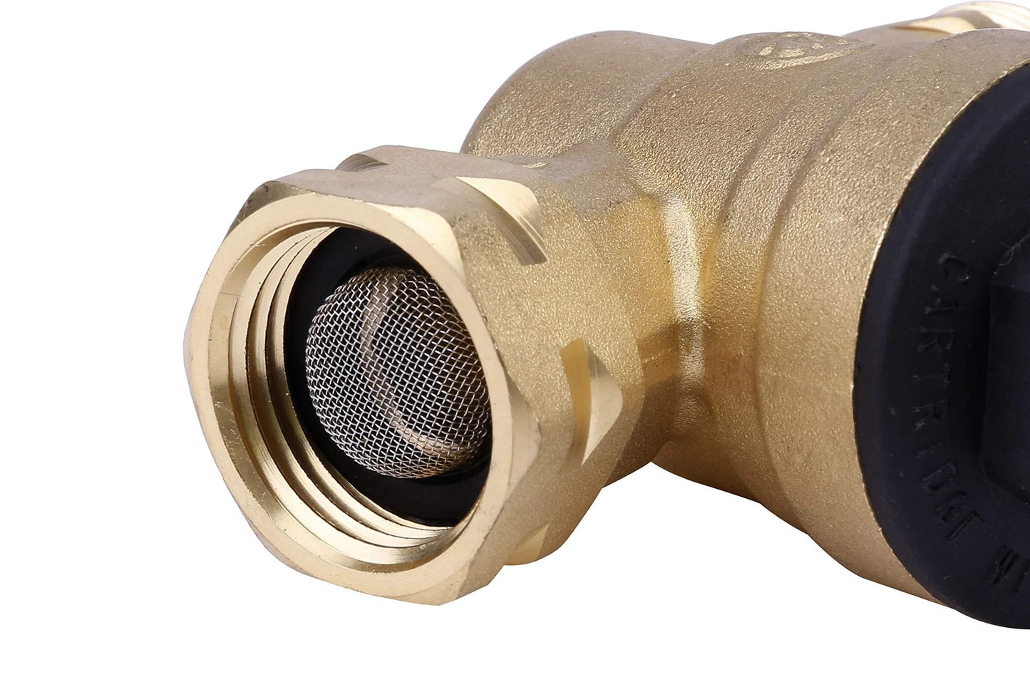 Side view of the brass RV Water Pressure Regulator With Gauge, Adjustable From Zero To One Sixty PSI, Three Quarter Inch Water Hose Valve for RVs Campers Trailers and Trucks.
