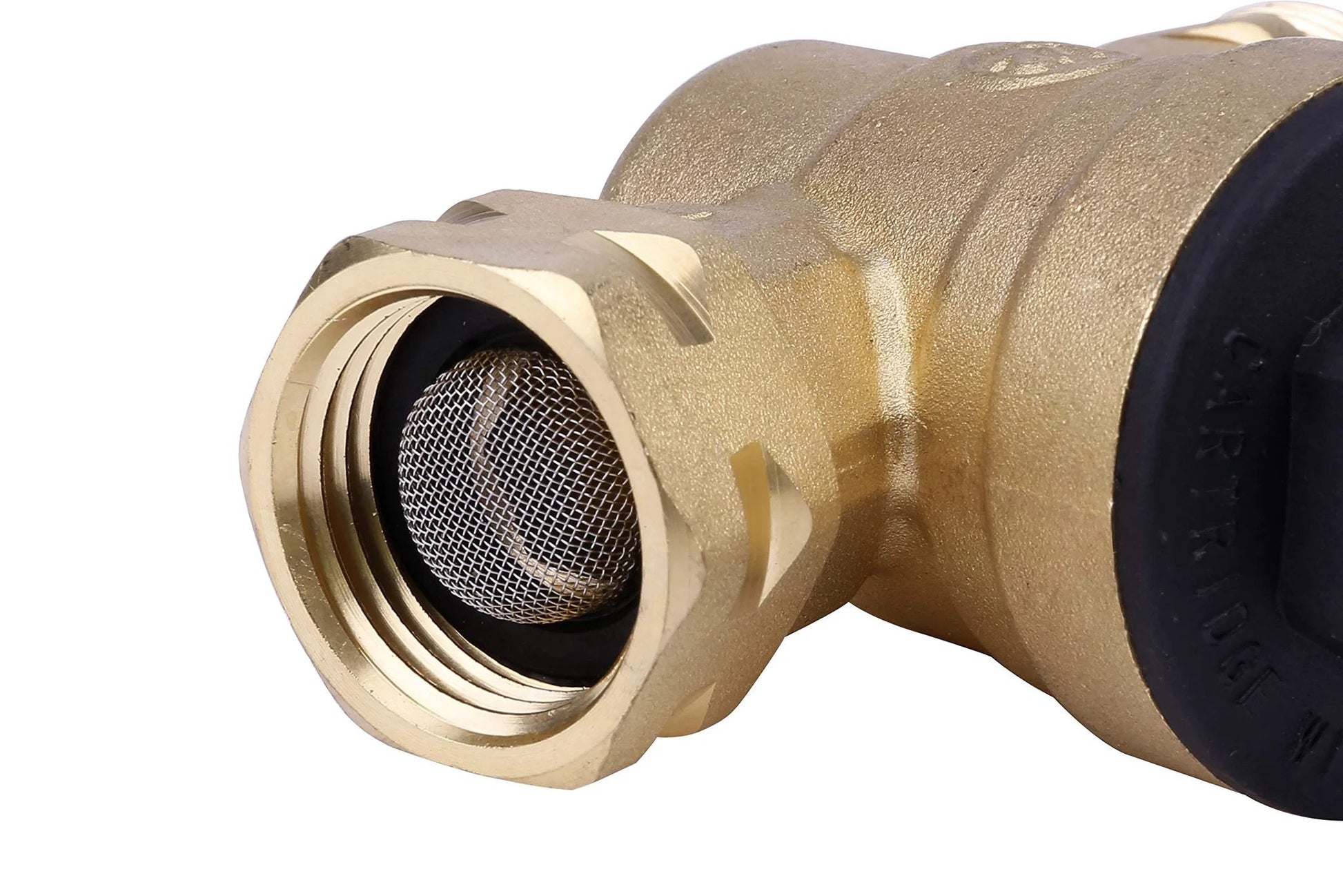 Side view of the brass RV Water Pressure Regulator With Gauge, Adjustable From Zero To One Sixty PSI, Three Quarter Inch Water Hose Valve for RVs Campers Trailers and Trucks.