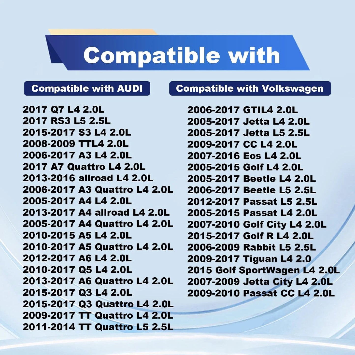 Compatibility chart for DIY Friendly PCV Valve Diaphragm Cover Repair Kit for Audi and Volkswagen models