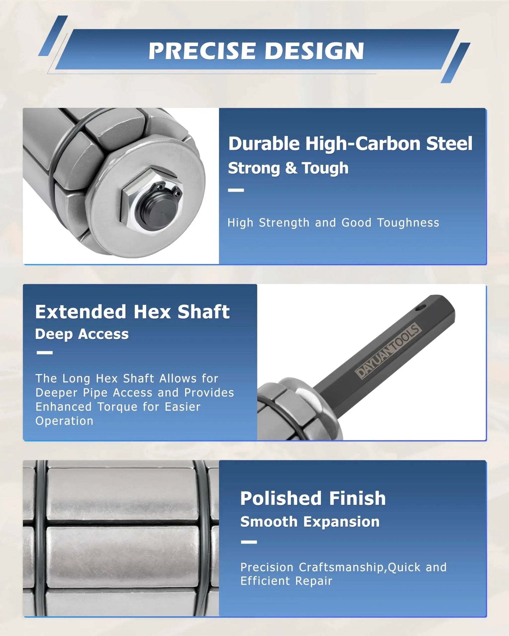 Close-up views of the Exhaust Pipe Expander Tool Set 3 Pcs 1-1/8 To 3-1/2 Universal Tail Pipe Spreader, showcasing high-carbon steel, hex shaft, and polished finish.