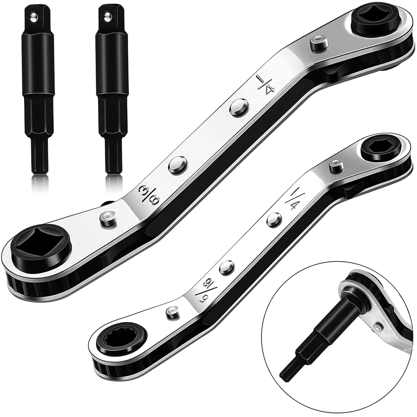 HVAC Air Conditioning Valve Ratchet Wrench Set With Dual Pneumatic Wrenches For Three Sixteenths To Three Eighths Inch Includes Five Sixteenths By One Quarter Inch Adapters And Two Hex Bit Adapters For Refrigeration Tool And Equipment Repair shown with adapters and hex bits