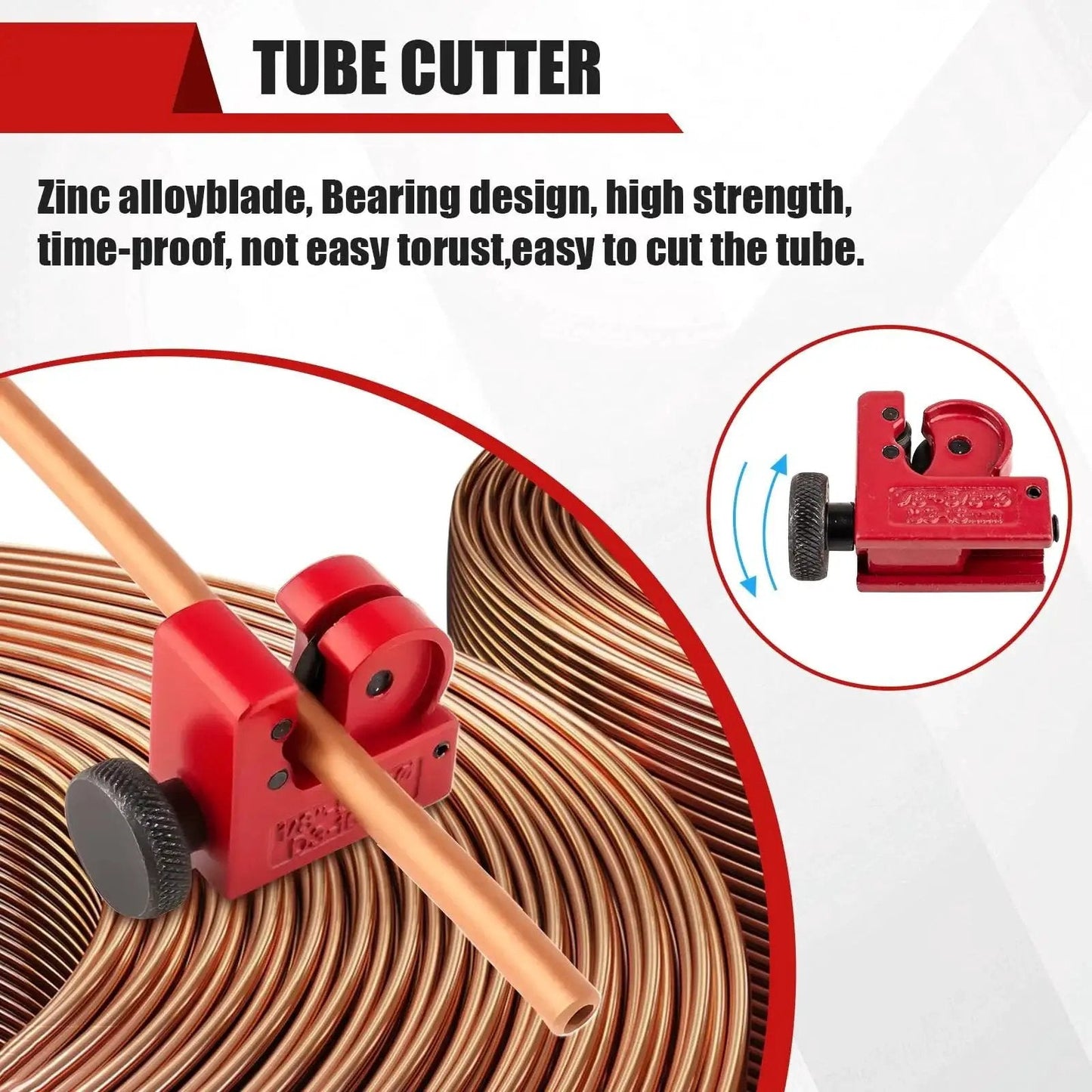 Brake Line Flaring Tool Kit With 5 Adapters For Brass Copper Aluminum 45 Degree showing a red tube cutter on copper tubing