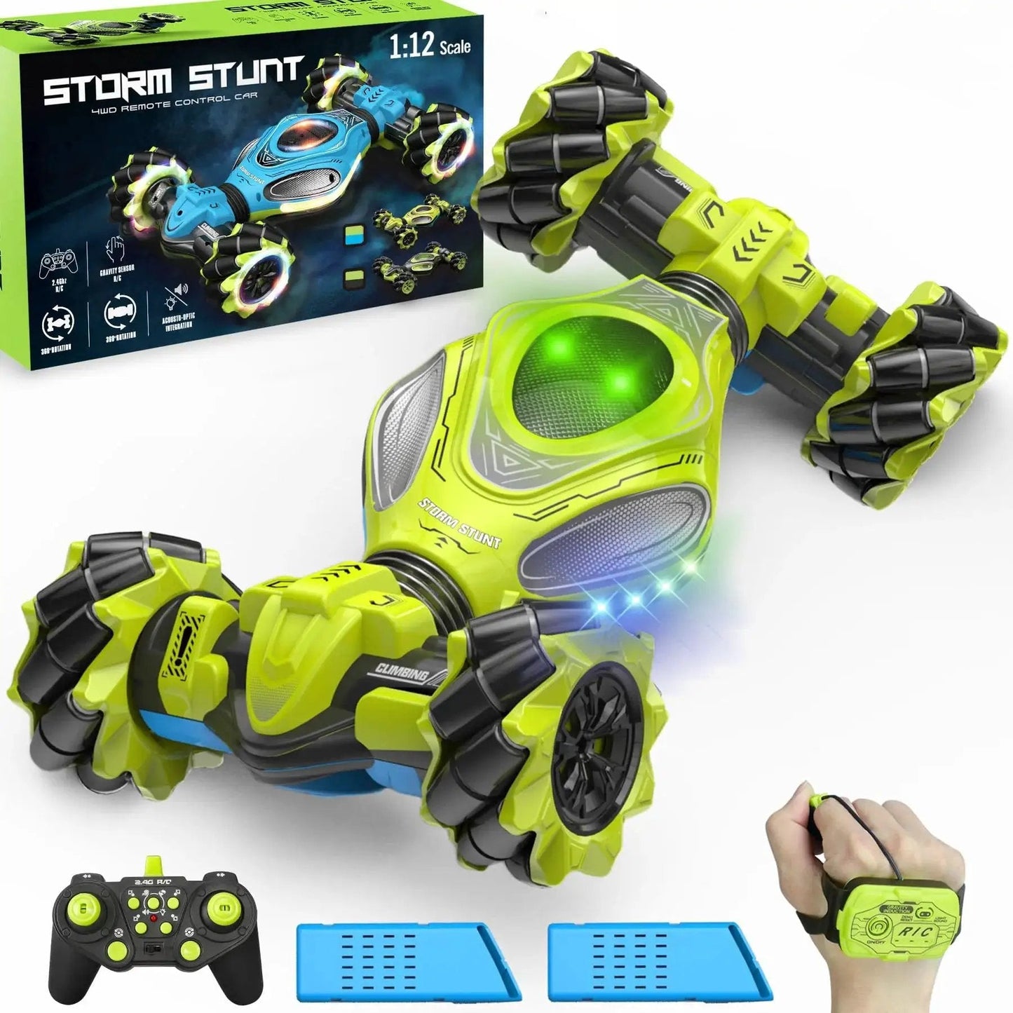 Gesture Sensing RC Epic Stunt Car 1 12 Scale 4WD with hand motion control, 2.4G remote, visible box packaging, and RGB light effects.