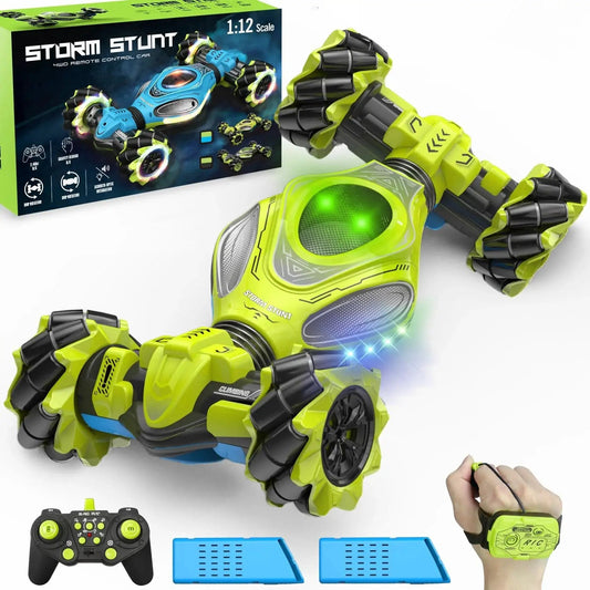 Gesture Sensing RC Epic Stunt Car 1 12 Scale 4WD with hand motion control, 2.4G remote, visible box packaging, and RGB light effects.