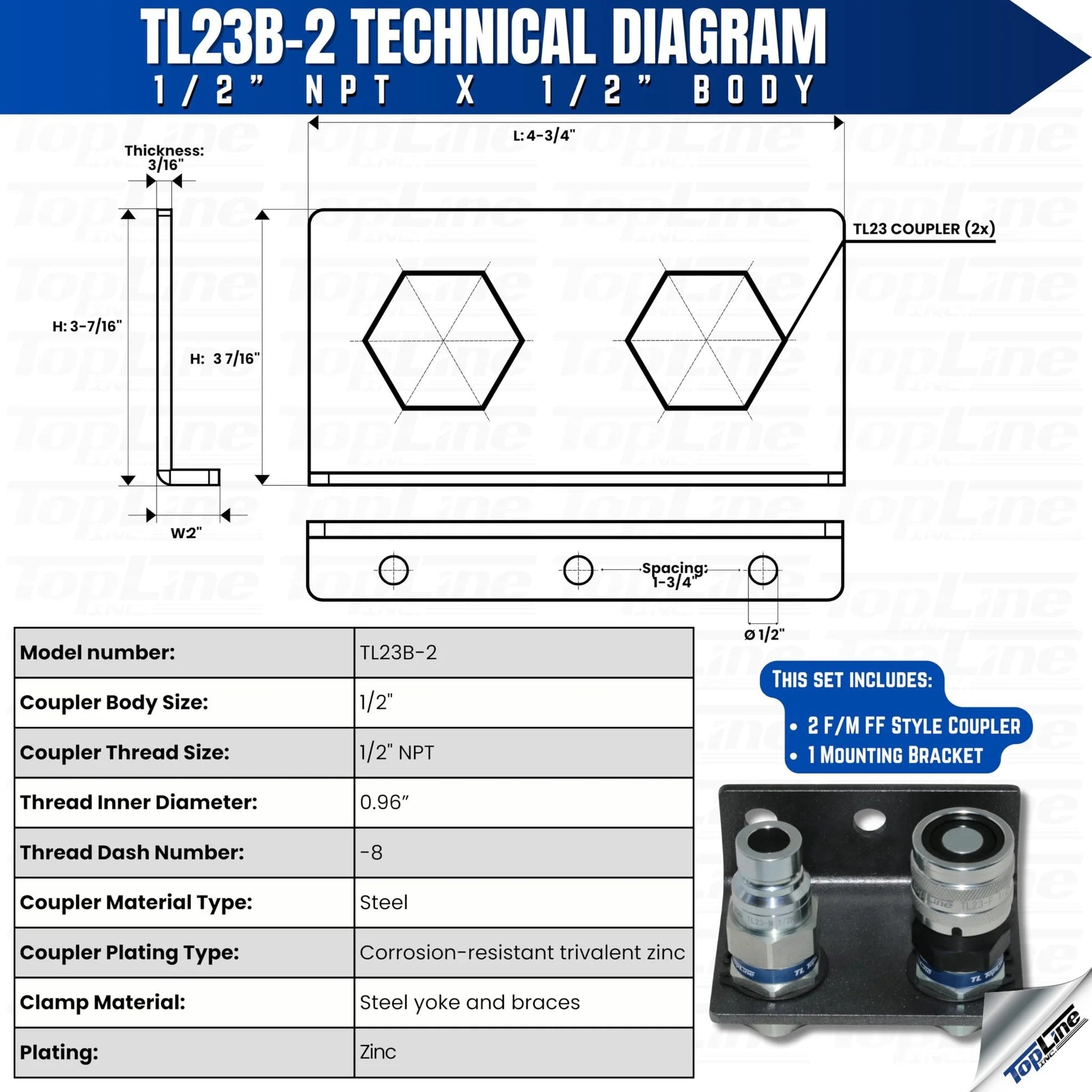 Half Inch Hydraulic Quick Connect Coupler Set Flat Face Half Inch NPT ISO 16028 Built Tough Heavy Duty Steel Includes Mounting Bracket Fits Skid Steer Bobcat Attachments TL23B-2 technical diagram view with measurements and included components.