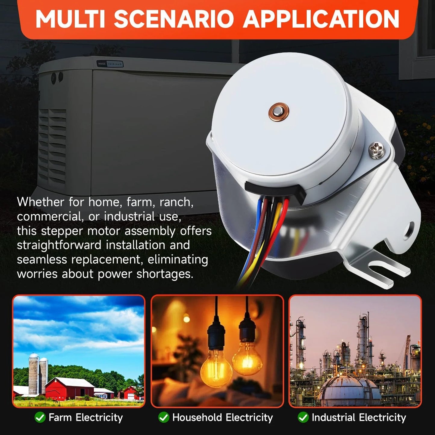 Dialed In Stepper Motor Assembly For Generac Guardian GTH990 HSB Generators, Compatible With 990 992 999 Series, Replaces 0G6453 GTH990 HSB, displayed next to a generator with multiple application icons.