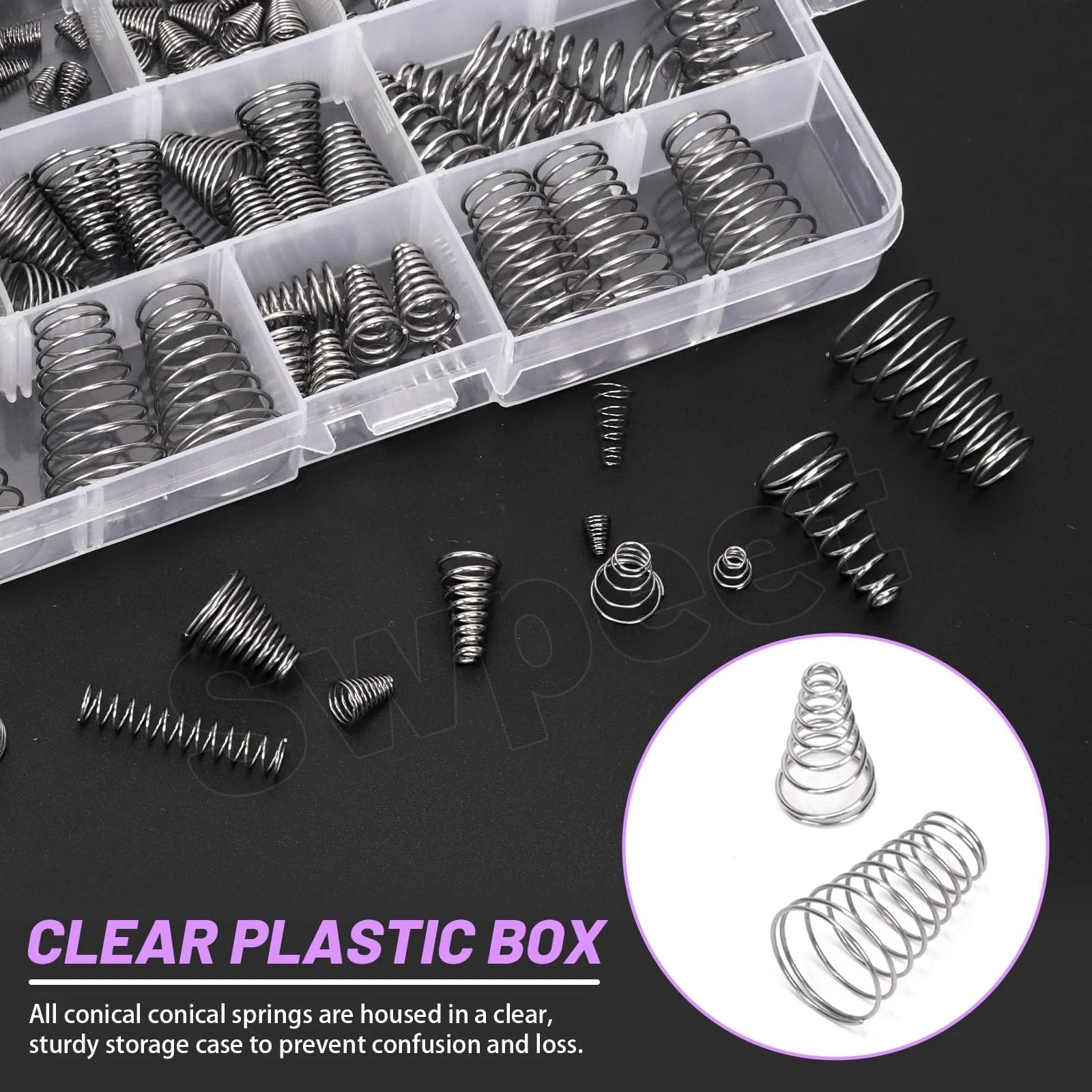Must Have 123Pcs Conical Spring Kit With 10 Sizes 0.3 0.5 0.7 0.8 1 Stainless Steel Small Compression Springs For Repair And DIY Projects Metal Tower Conical Springs Set in box